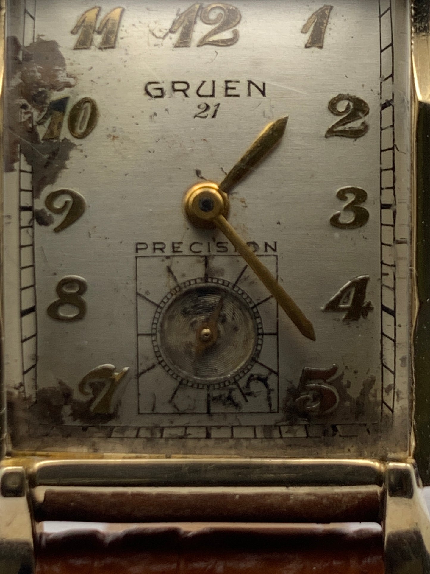 Gruen Precision 335, circa 1950, wrist watch repair. New balance staff and mainspring. 20mm wide. 34mm lug to lug.