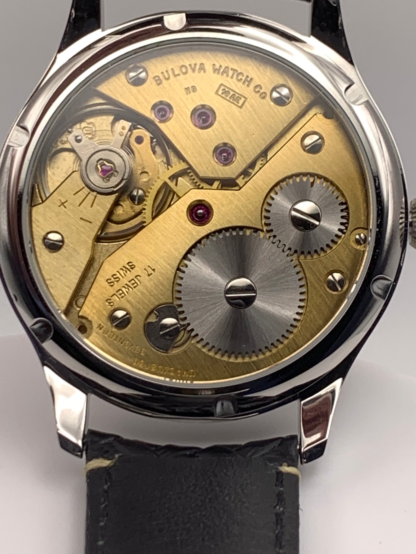 Andrew. 44mm Bulova pocket watch conversion.  Original linen dial and Unitas 6498 movement. Serviced with a new mainspring. Sapphire crystal.