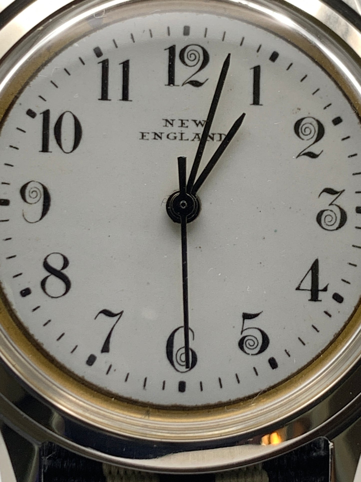 Bishop. Marriage watch. 33mm NOS stainless steel vintage case. Vintage enamel  ‘New England’ dial. Miyota 2036 quartz movement.