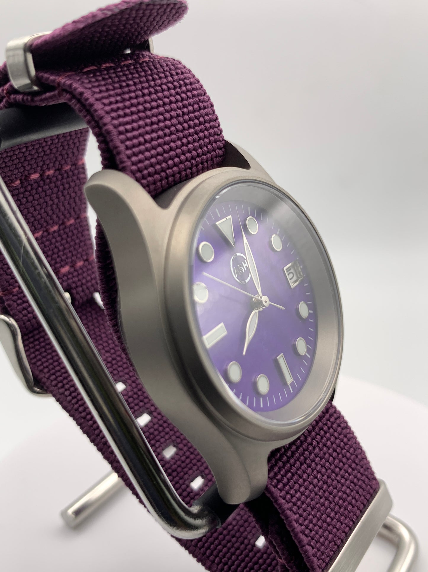 Larkspur 1.1 - 36mm Titanium field watch. Purple MOP dial. Seiko NH35.