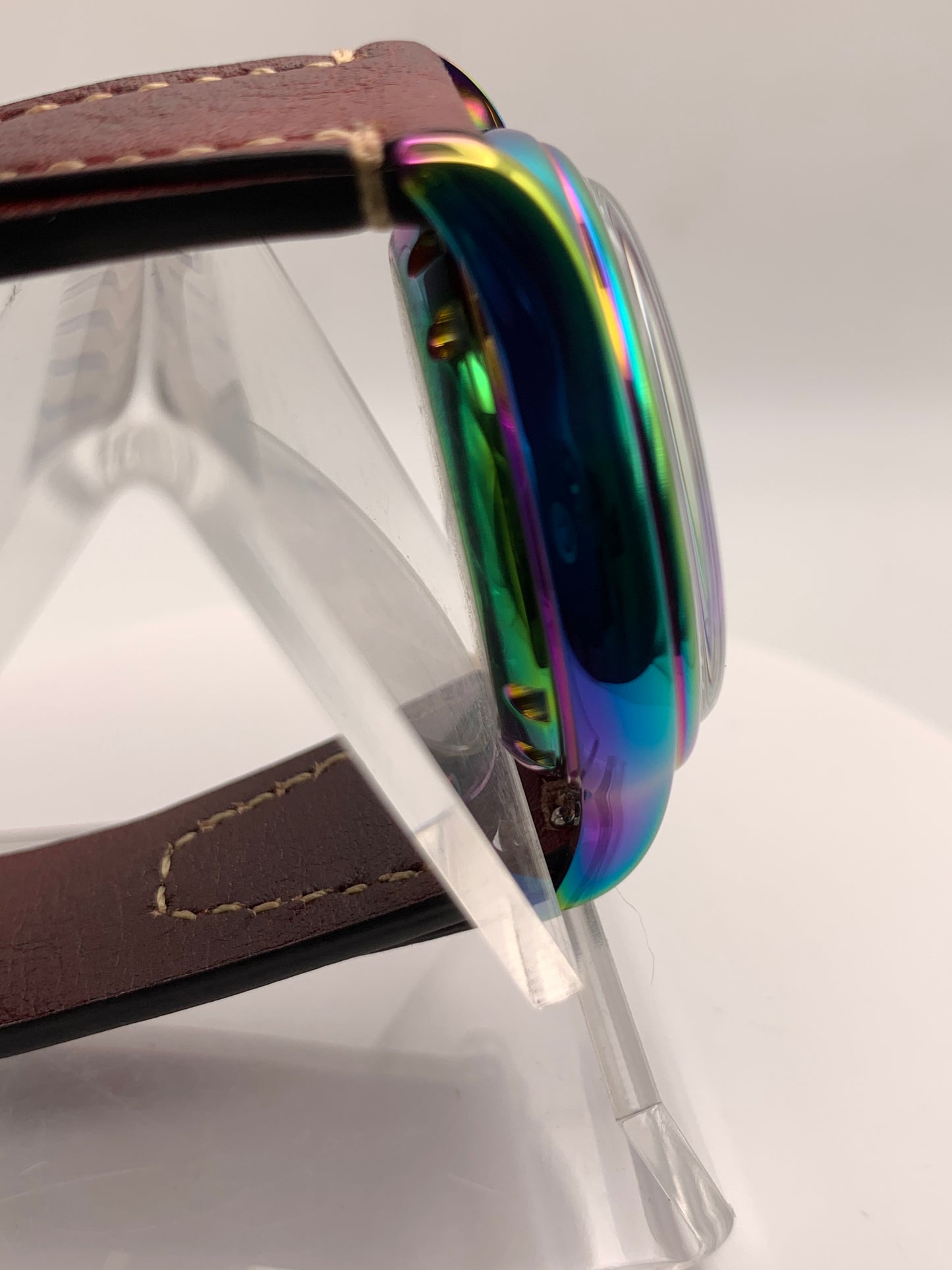 Living Color. 38mm thermally colored stainless steel case and case back. Double dome K-1 mineral crystal. Seiko NH36