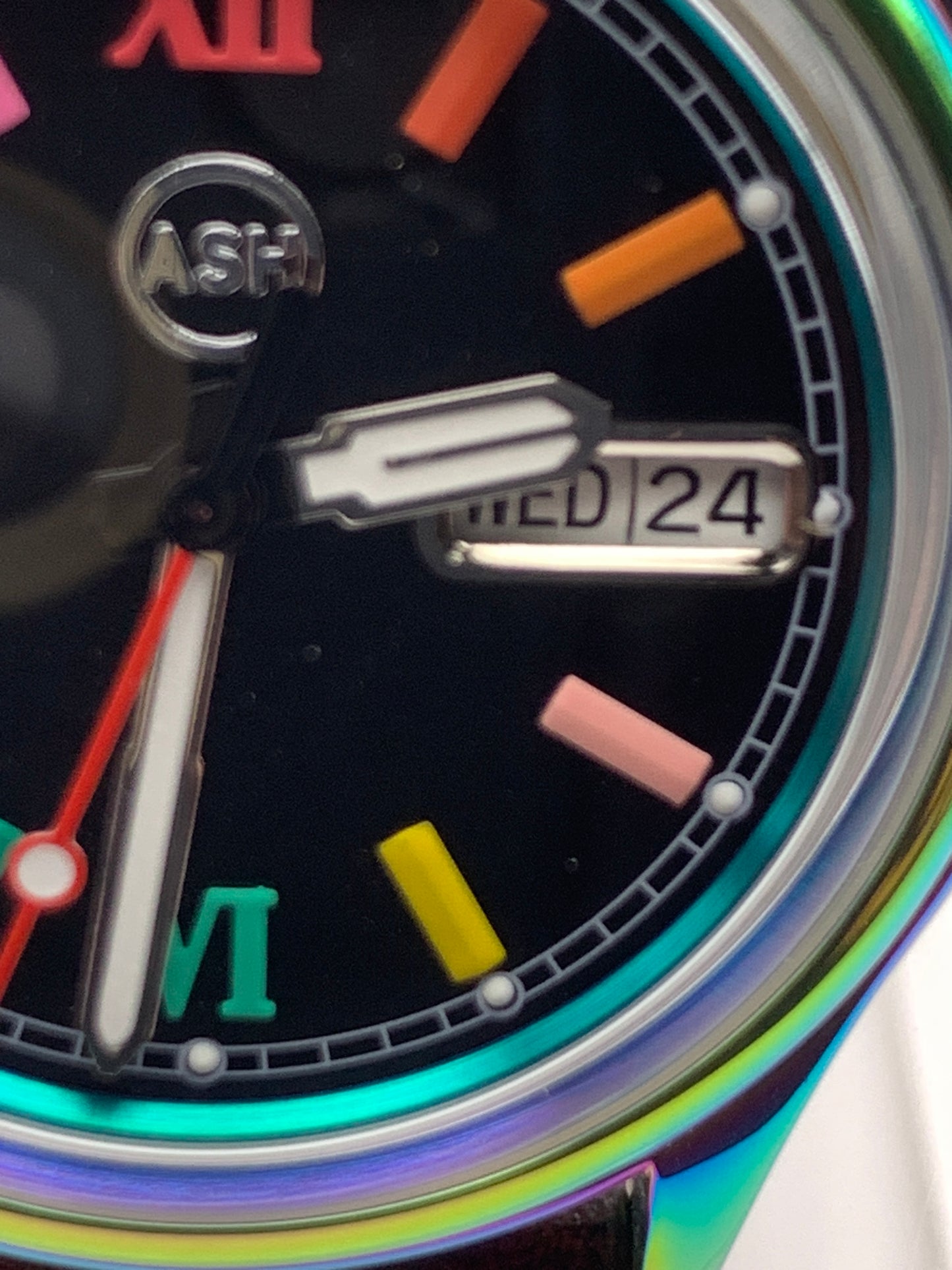 Living Color. 38mm thermally colored stainless steel case and case back. Double dome K-1 mineral crystal. Seiko NH36