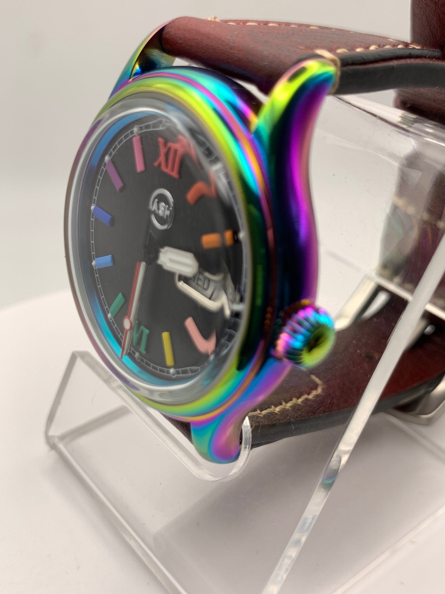 Living Color. 38mm thermally colored stainless steel case and case back. Double dome K-1 mineral crystal. Seiko NH36