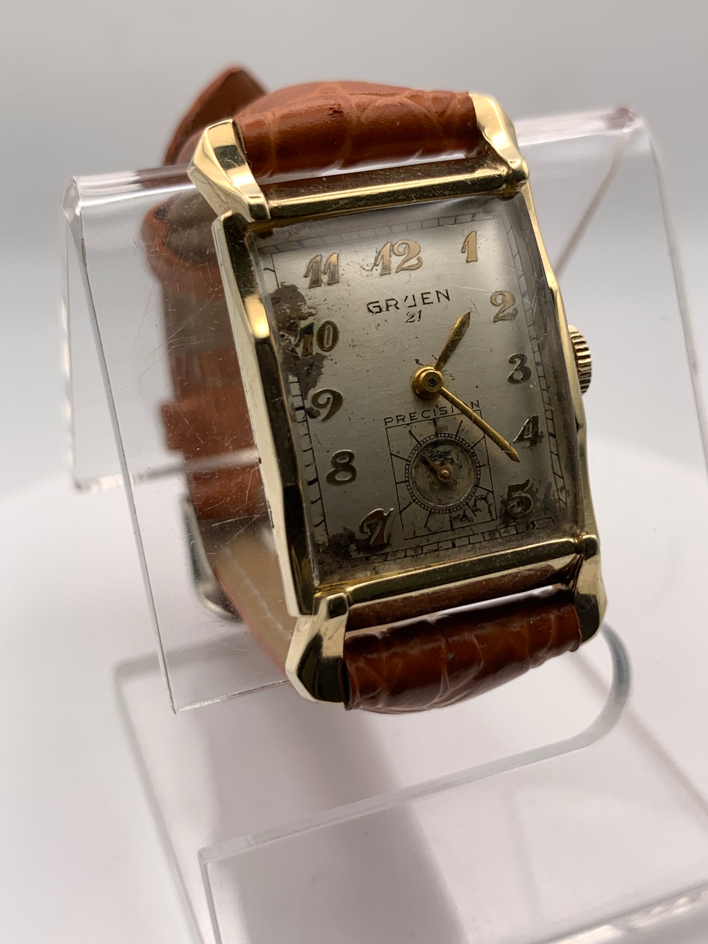 Gruen Precision 335, circa 1950, wrist watch repair. New balance staff and mainspring. 20mm wide. 34mm lug to lug.