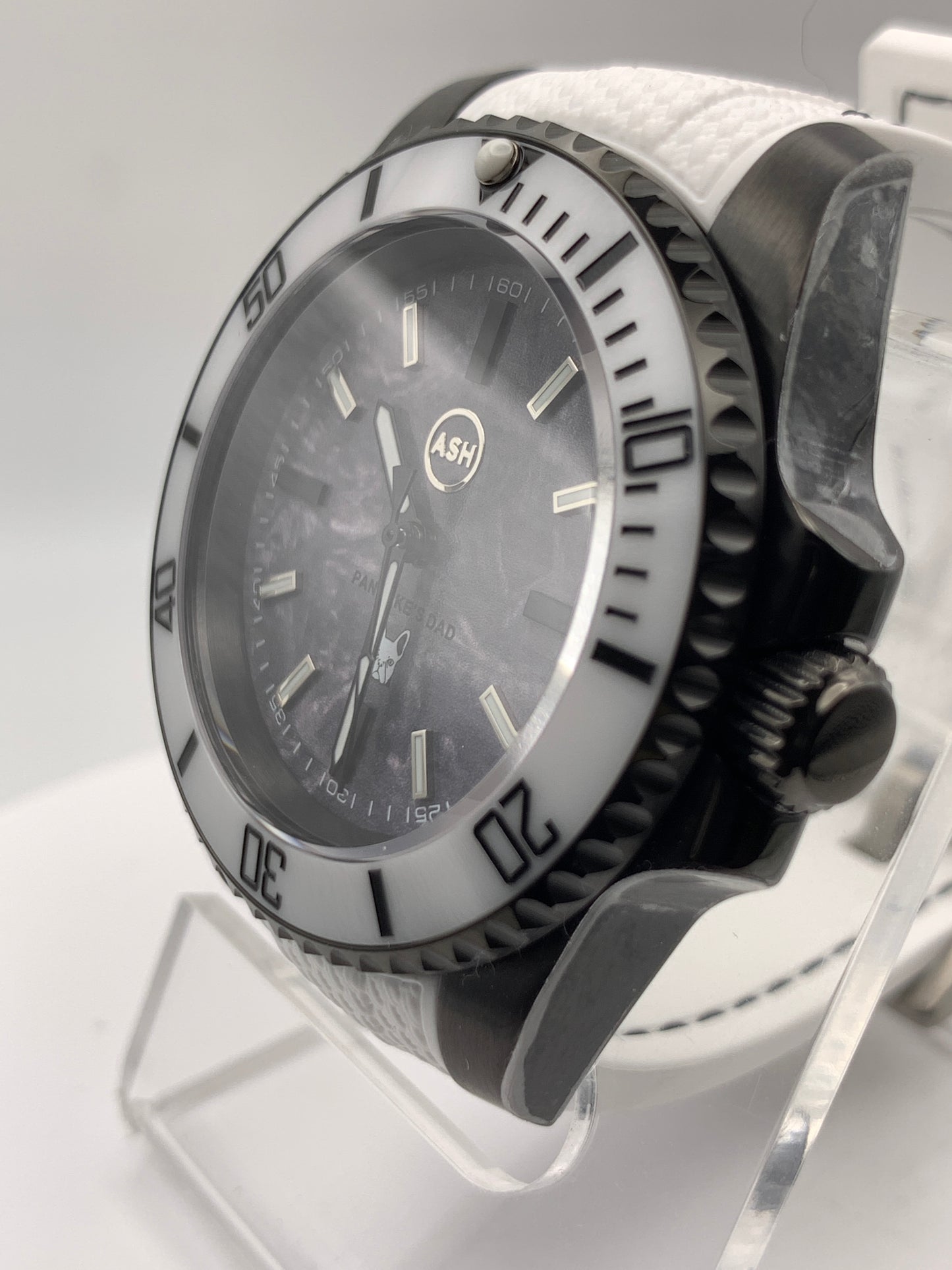 Pancake’s Dad’s Watch. 40mm PVD coated stainless steel. Sapphire crystal. Custom dial. Seiko NH38.