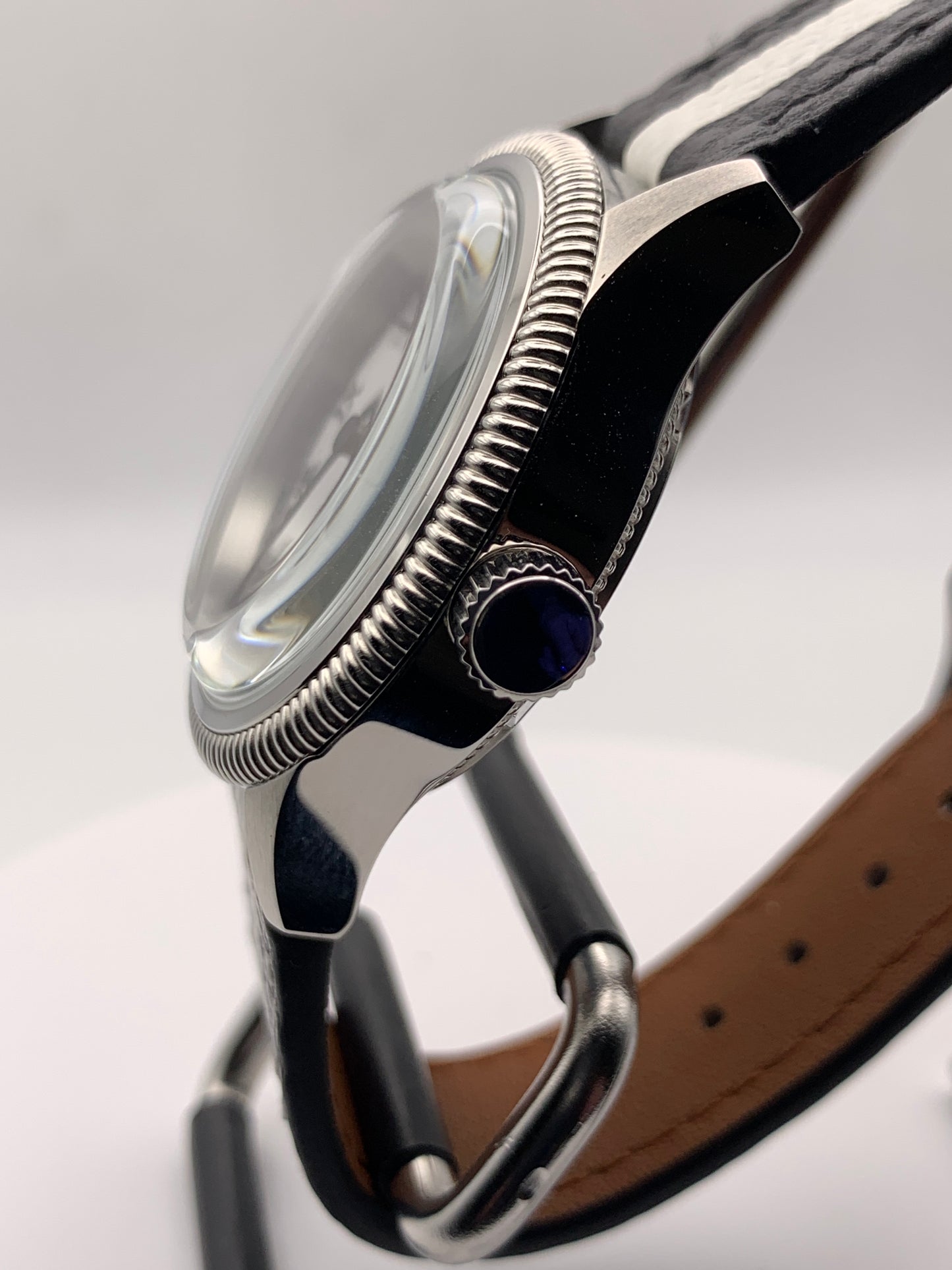 Thereabouts - One hand watch. 38mm coin edged stainless steel case. Enamel dial. Boxed K-1 crystal. Exhibition case back with blue custom rotor. Seiko NH38.