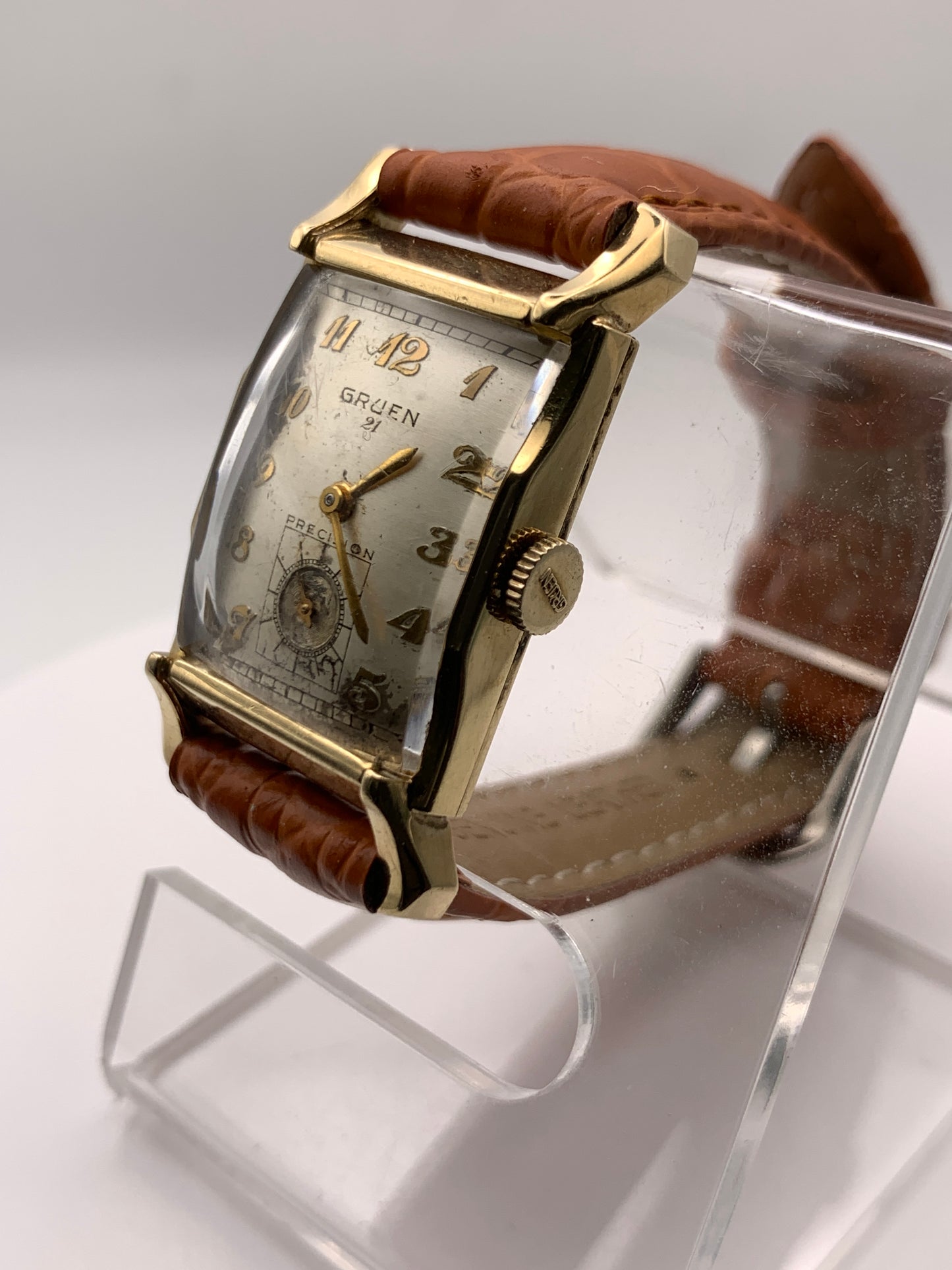 Gruen Precision 335, circa 1950, wrist watch repair. New balance staff and mainspring. 20mm wide. 34mm lug to lug.