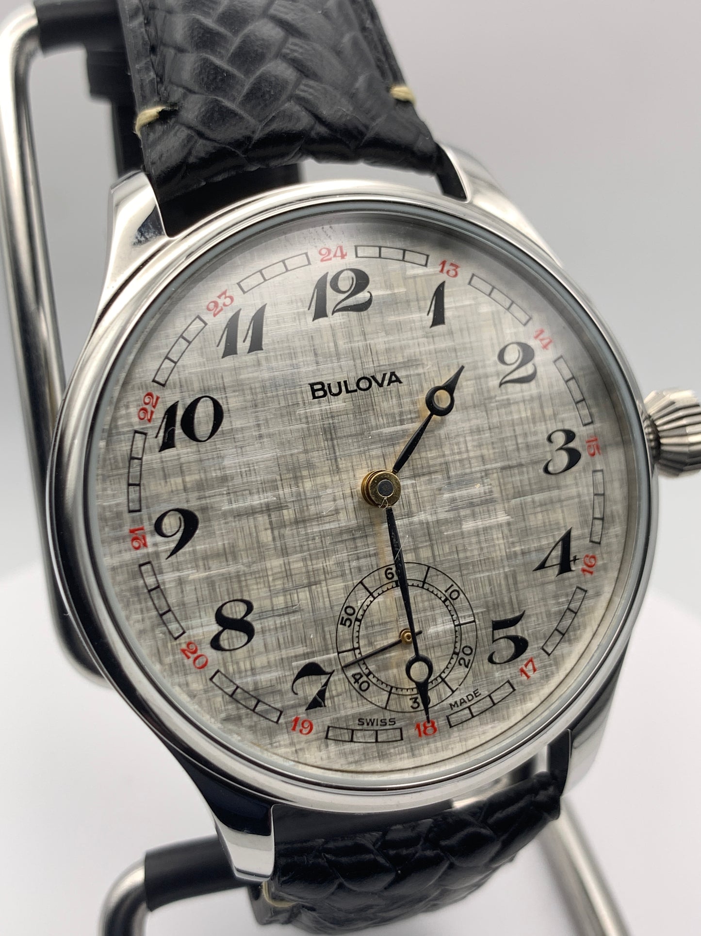 Andrew. 44mm Bulova pocket watch conversion.  Original linen dial and Unitas 6498 movement. Serviced with a new mainspring. Sapphire crystal.