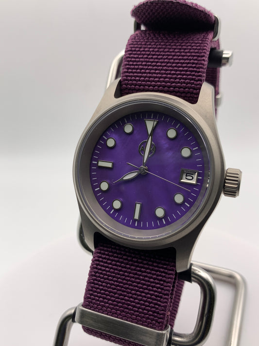 Larkspur 1.1 - 36mm Titanium field watch. Purple MOP dial. Seiko NH35.