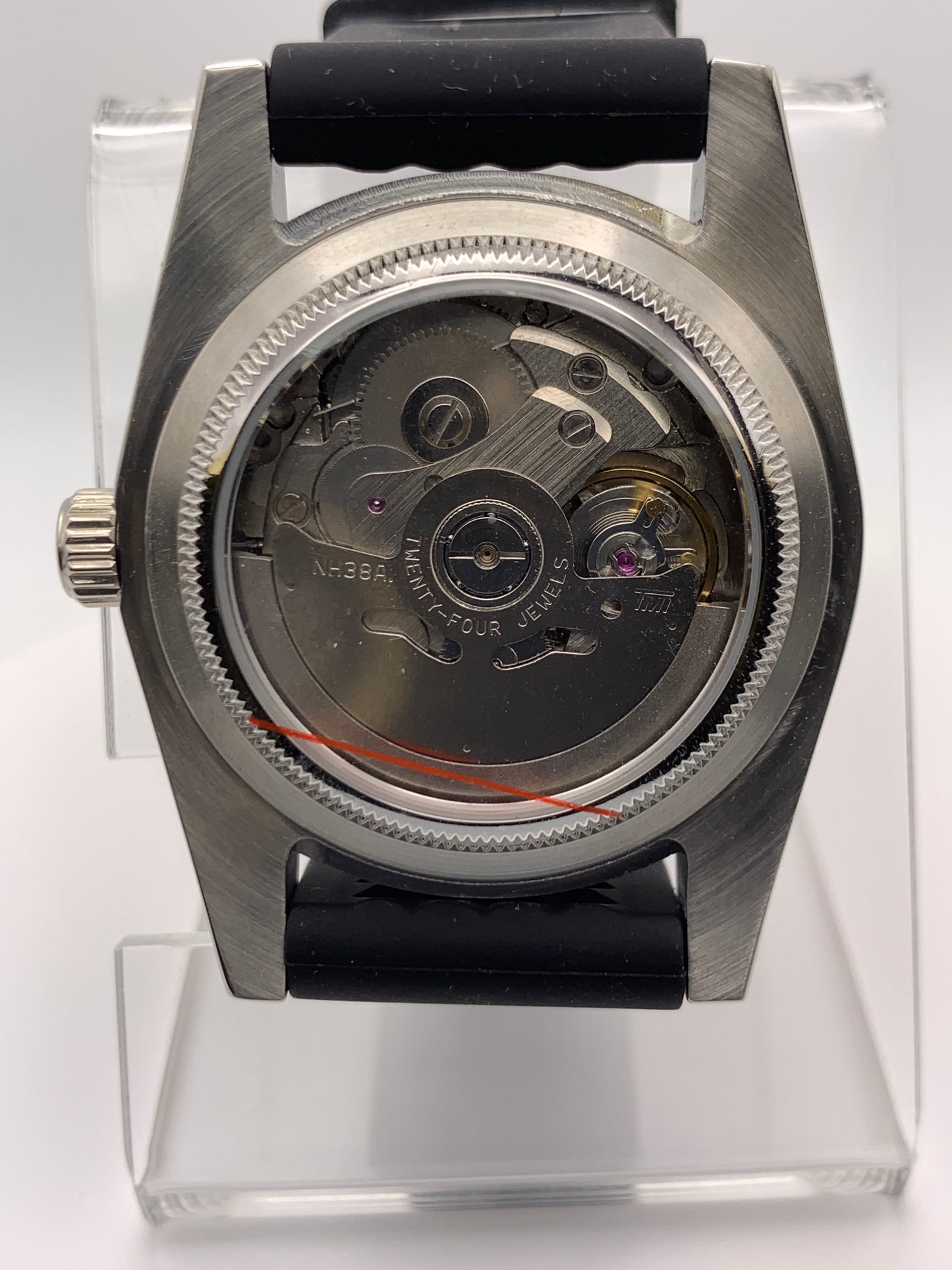 Blood Orange.  39mm stainless steel field watch. Sapphire crystal. NH38 automatic.