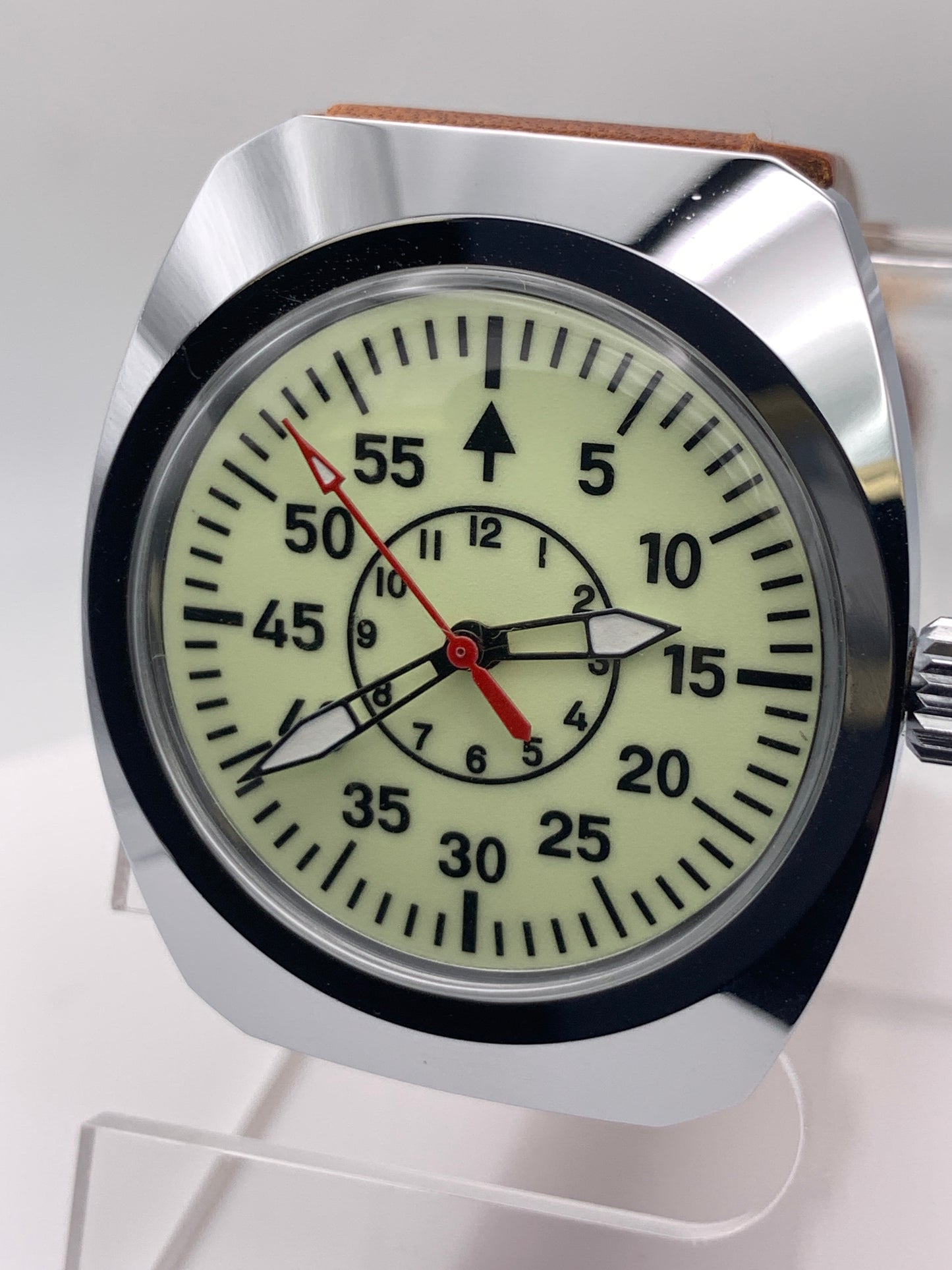 Full Moon. Neo Vintage. Fully Lumed Flieger B style. 36mm NOS Gruen case. Acrylic domed crystal. Seiko VH31 mecha-quartz.