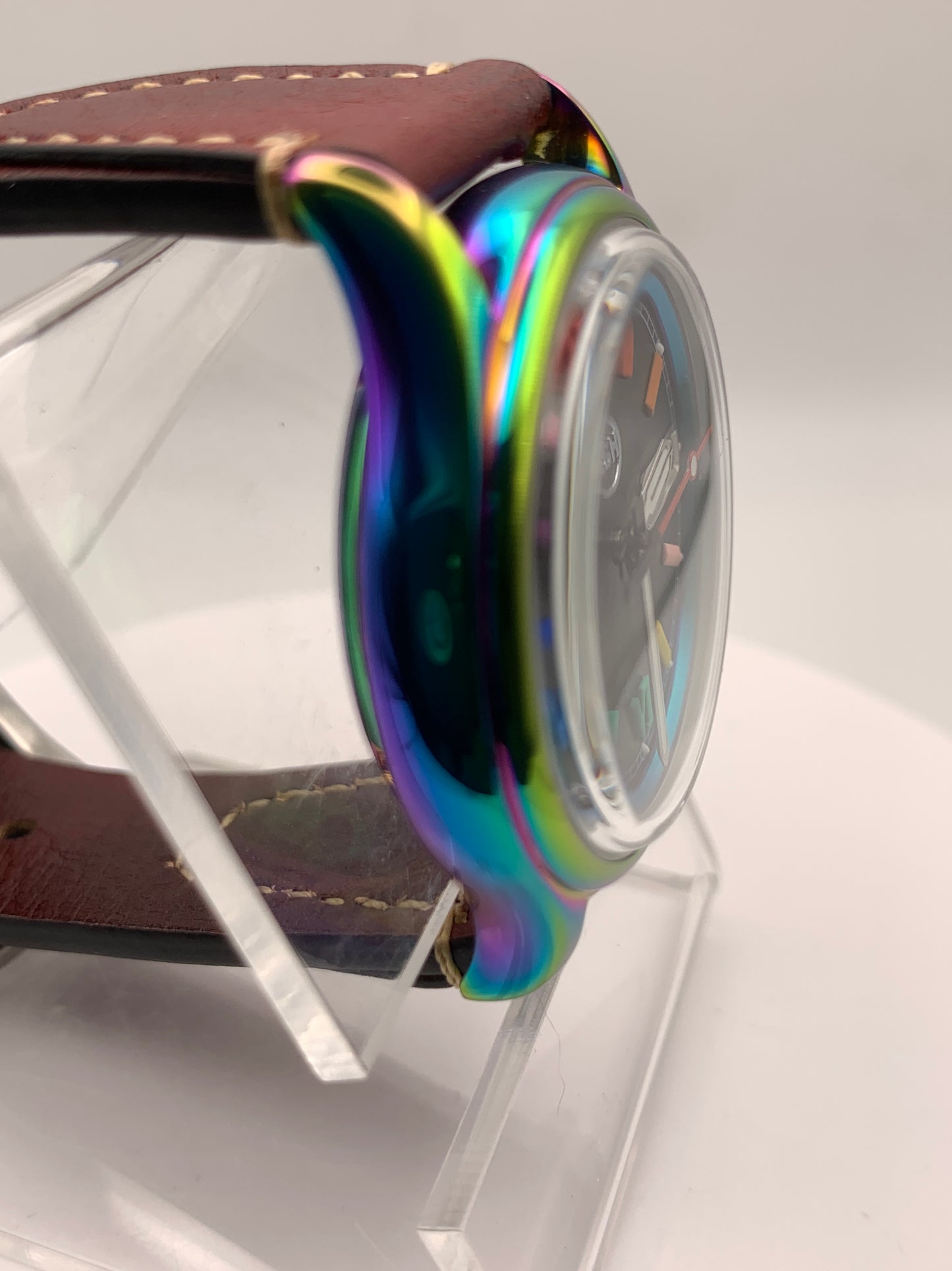 Living Color. 38mm thermally colored stainless steel case and case back. Double dome K-1 mineral crystal. Seiko NH36