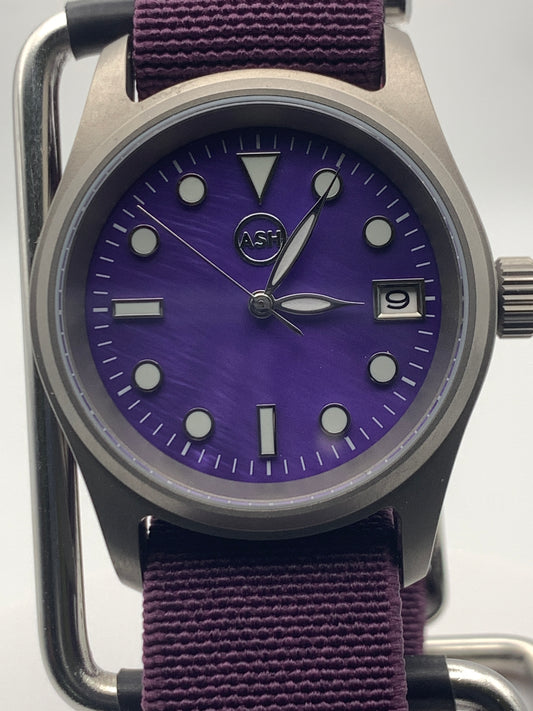 Larkspur. 36mm Titanium field watch. Purple MOP dial. Seiko NH35.