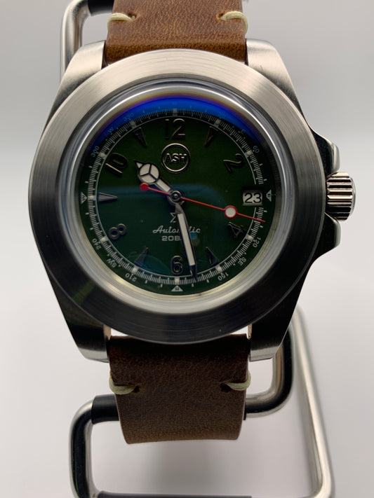Skillset. Client custom. 40mm Brushed stainless steel case. Double dome mineral glass with AR. Seiko NH35.