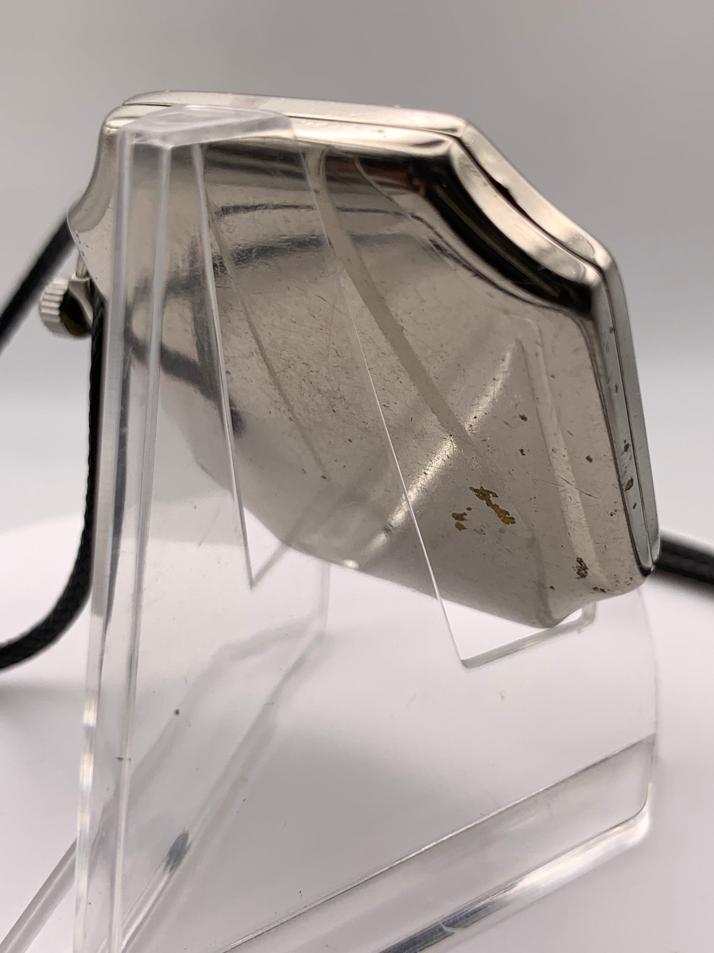Palimpsest.  40 x 40mm plated brass case. Vintage pendant watch conversion. Domed acrylic crystal. Original enamel dial. Miyota 2036.