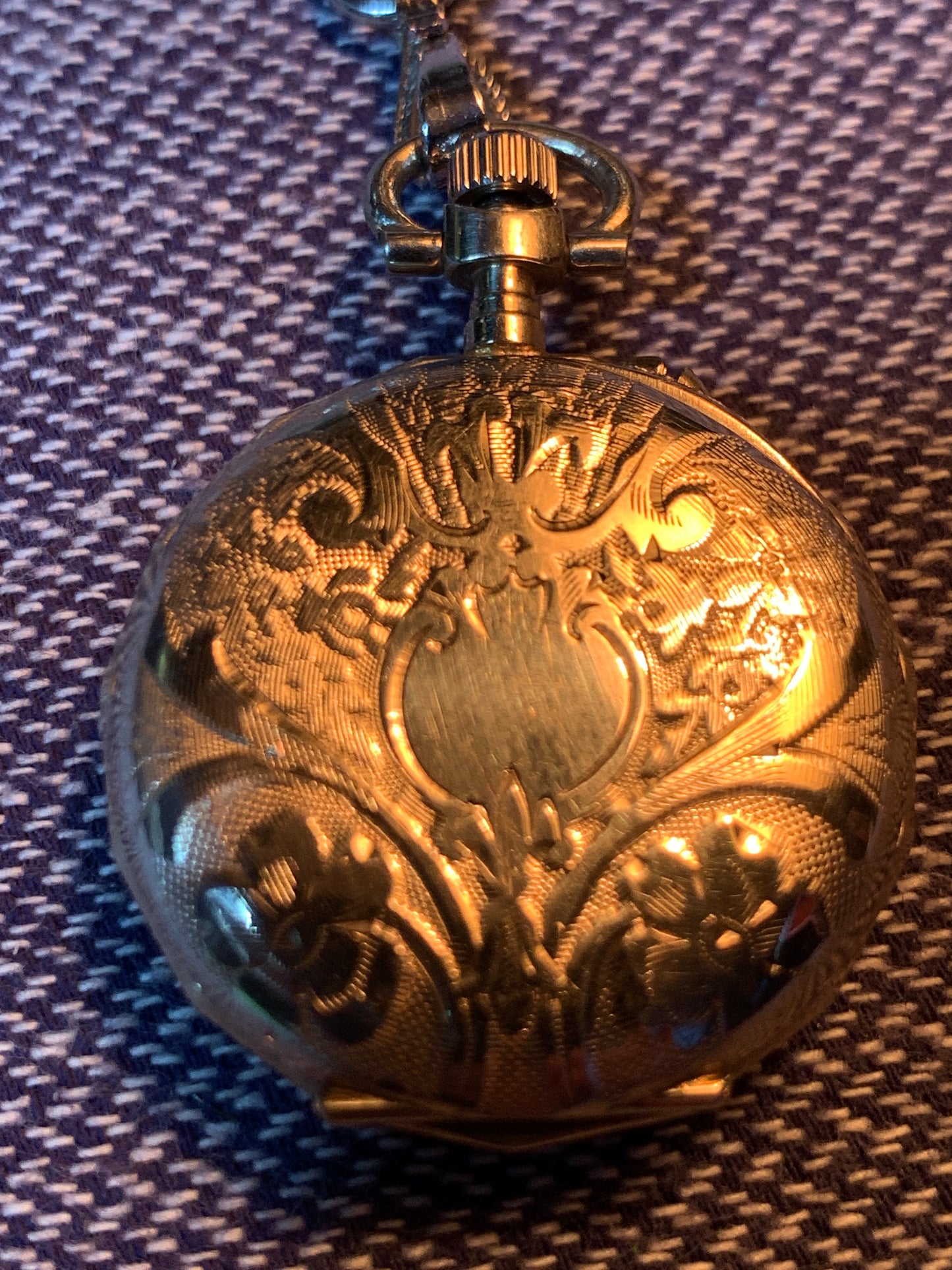 ‘Sold - Amuse-bouche. 30mm pocket / necklace watch. NOS Argentan alloy case and hand painted enamel dial. Sapphire crystal. Miyota 2036. 24” sterling necklace.