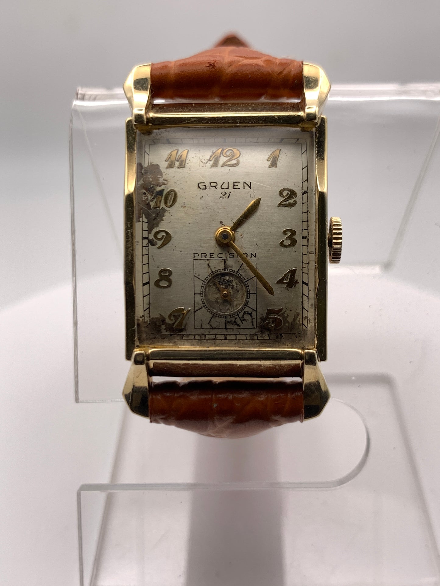 Gruen Precision 335, circa 1950, wrist watch repair. New balance staff and mainspring. 20mm wide. 34mm lug to lug.