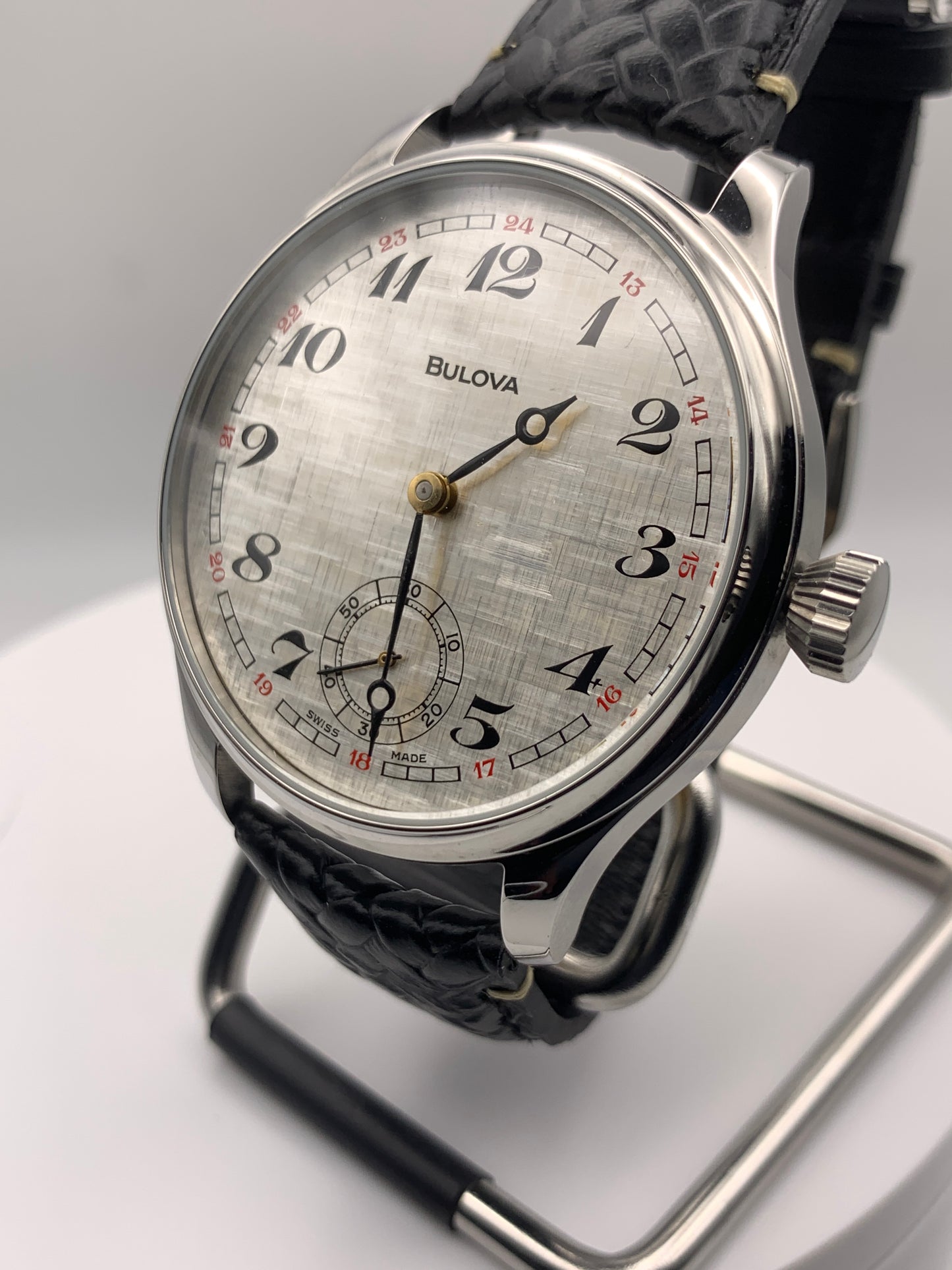 Andrew. 44mm Bulova pocket watch conversion.  Original linen dial and Unitas 6498 movement. Serviced with a new mainspring. Sapphire crystal.