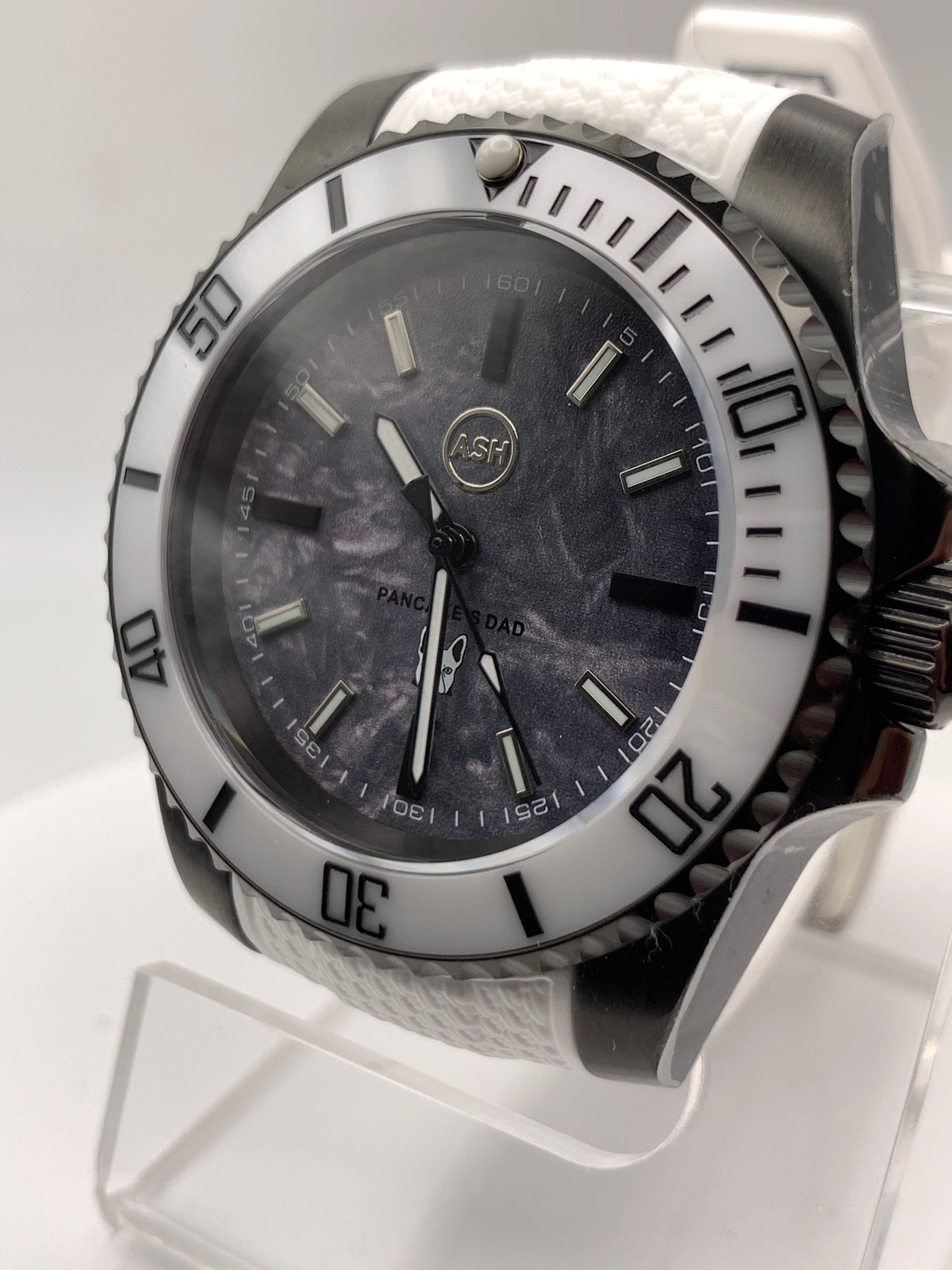 Pancake’s Dad’s Watch. 40mm PVD coated stainless steel. Sapphire crystal. Custom dial. Seiko NH38.