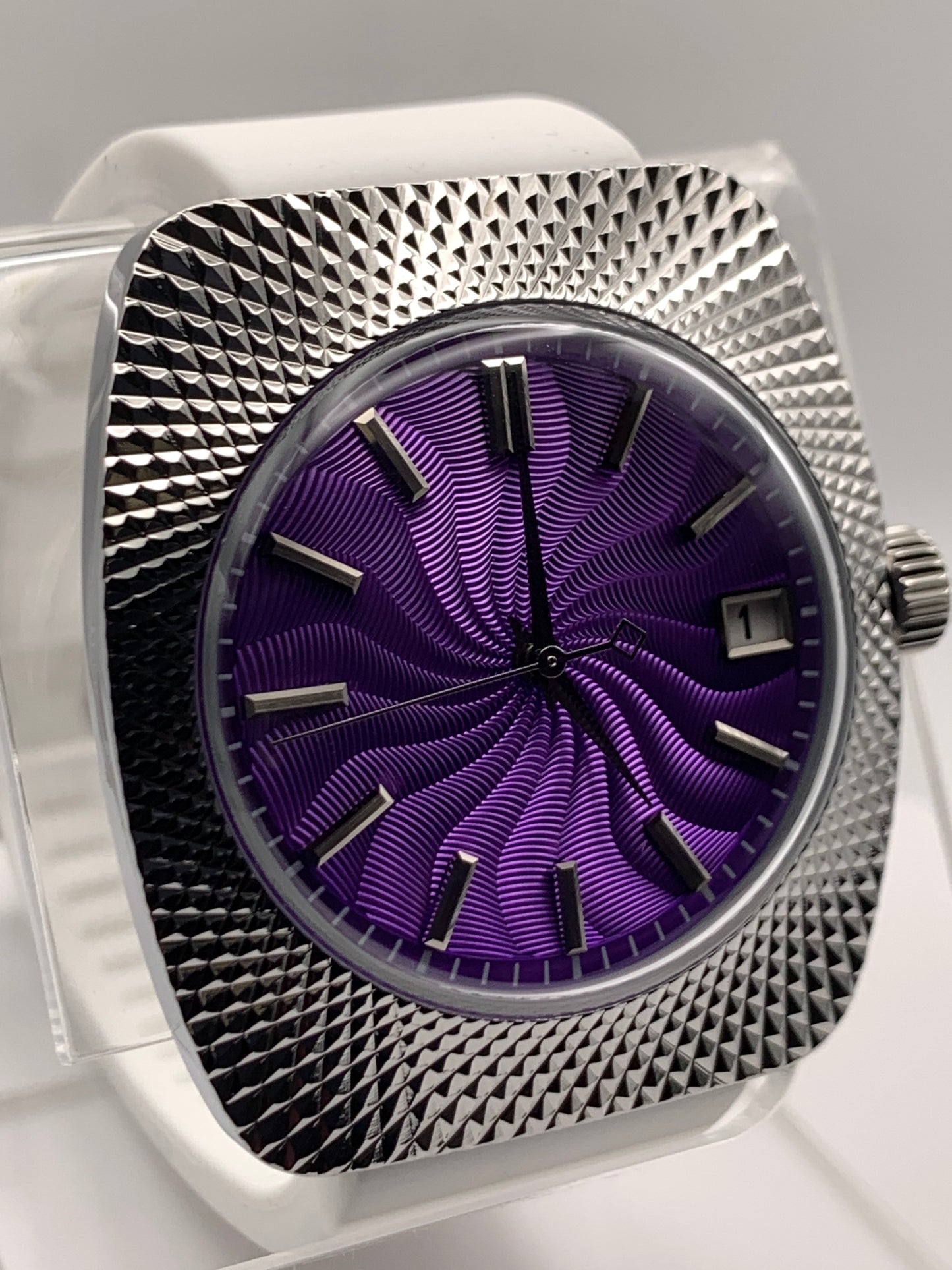 Purple Reign. 37mm faceted case. Acrylic dome crystal. Seiko NH35.