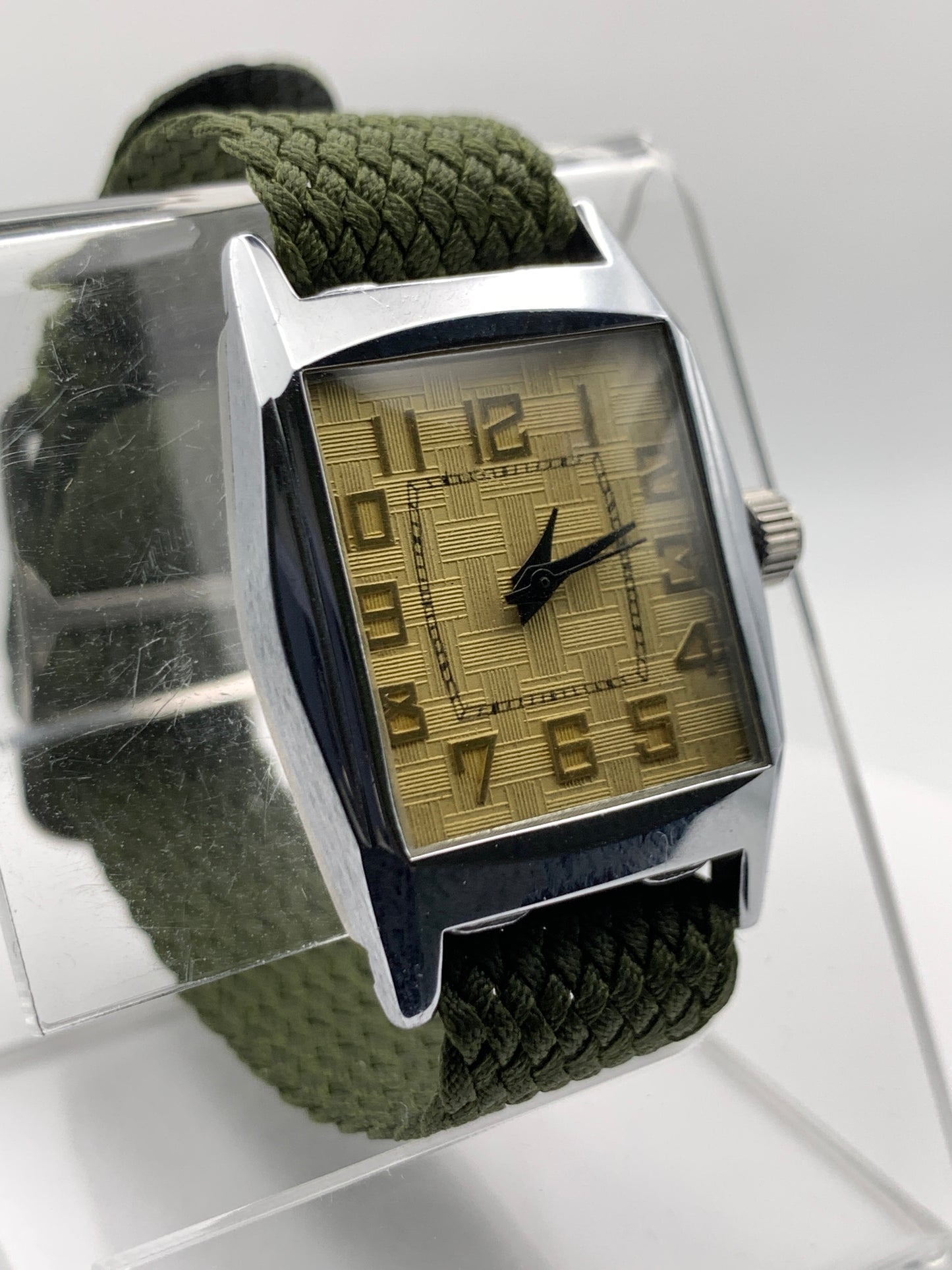 Feather 1.3 - Vintage 25mm plated brass 2 piece case.  38mm lug to lug. 16mm lug width. 8.5mm thick. Acrylic crystal. Miyota Super 2035 movement.