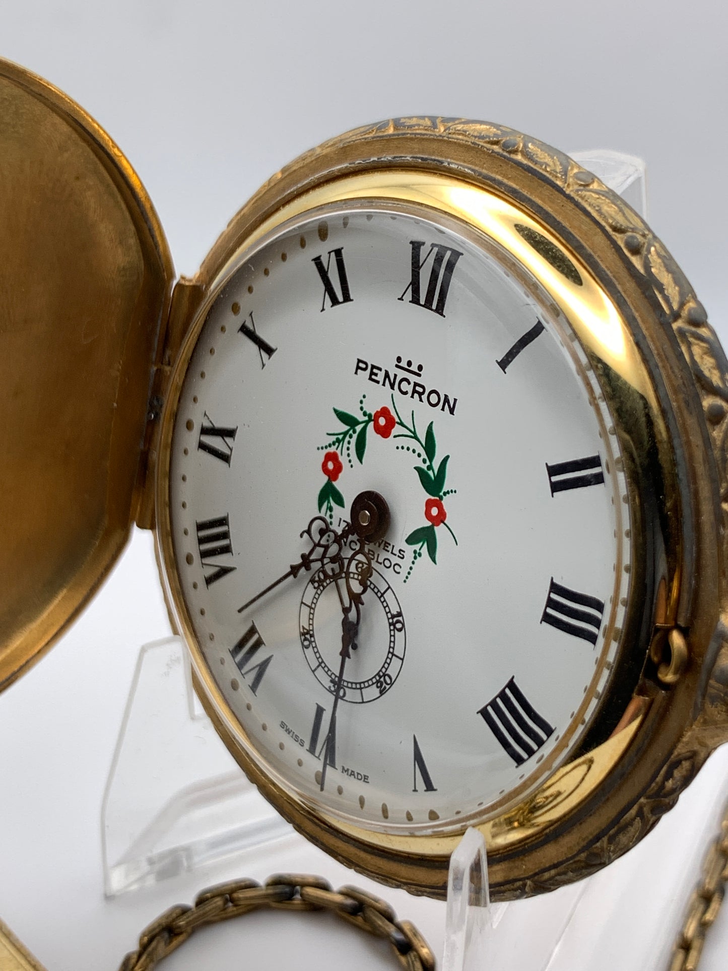 Pencron 44mm Swiss pocket watch. Unitas 6325 hand winding movement. Acrylic dome. Period correct chain and pocket knife.