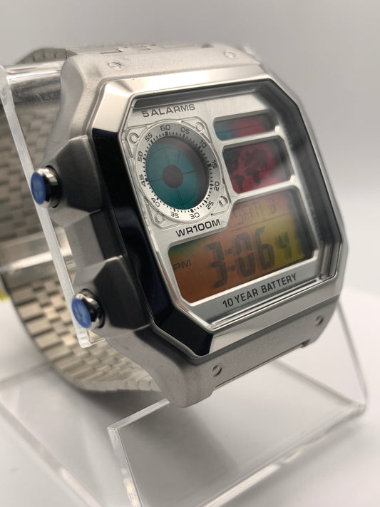 Royale with Cheese V.  Casio AE-1200.  Metal case and faceplate. Multicolor filter. Flashing alarm. Vintage bracelet.