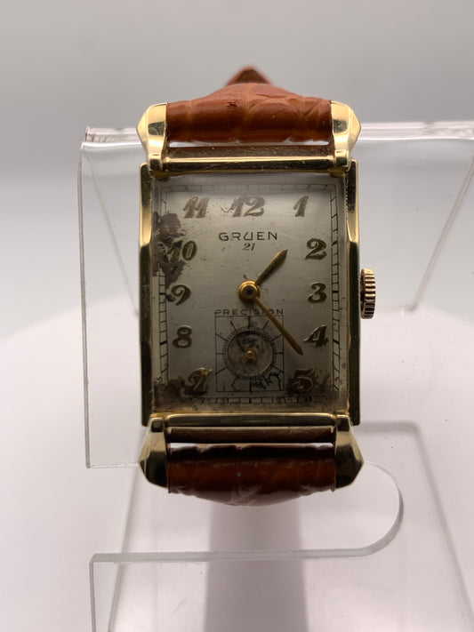Gruen Precision 335, circa 1950, wrist watch repair. New balance staff and mainspring. 20mm wide. 34mm lug to lug.