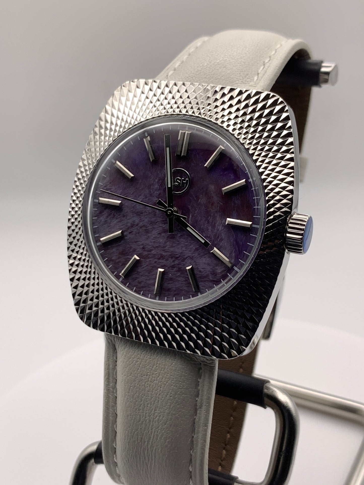 Lily. Faceted 37mm stainless steel case. Acrylic domed crystal. Charlotte stone dial.  Seiko VH31 mecha-quartz.