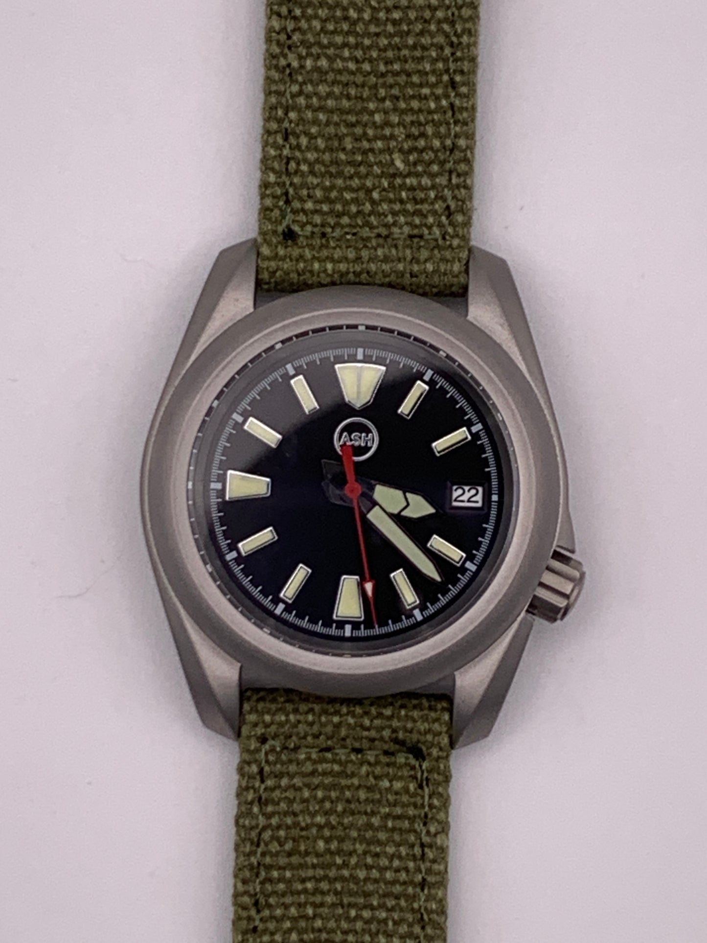 Outrider. 38mm bead blasted stainless steel. Crown at 3.8.  Sapphire crystal. Seiko NH35.