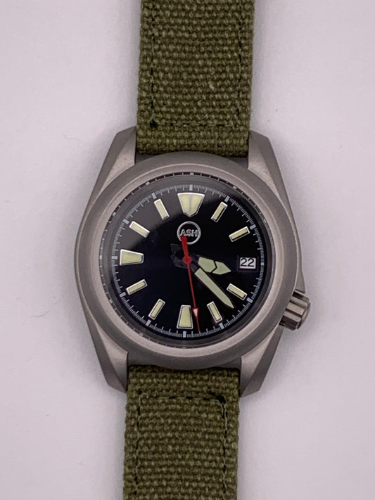 Outrider. 38mm bead blasted stainless steel. Crown at 3.8.  Sapphire crystal. Seiko NH35.