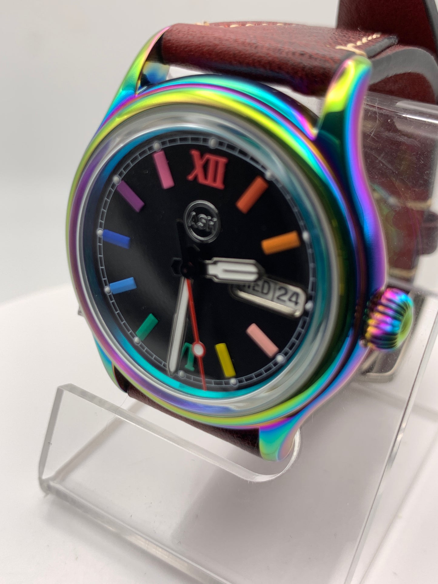 Living Color. 38mm thermally colored stainless steel case and case back. Double dome K-1 mineral crystal. Seiko NH36
