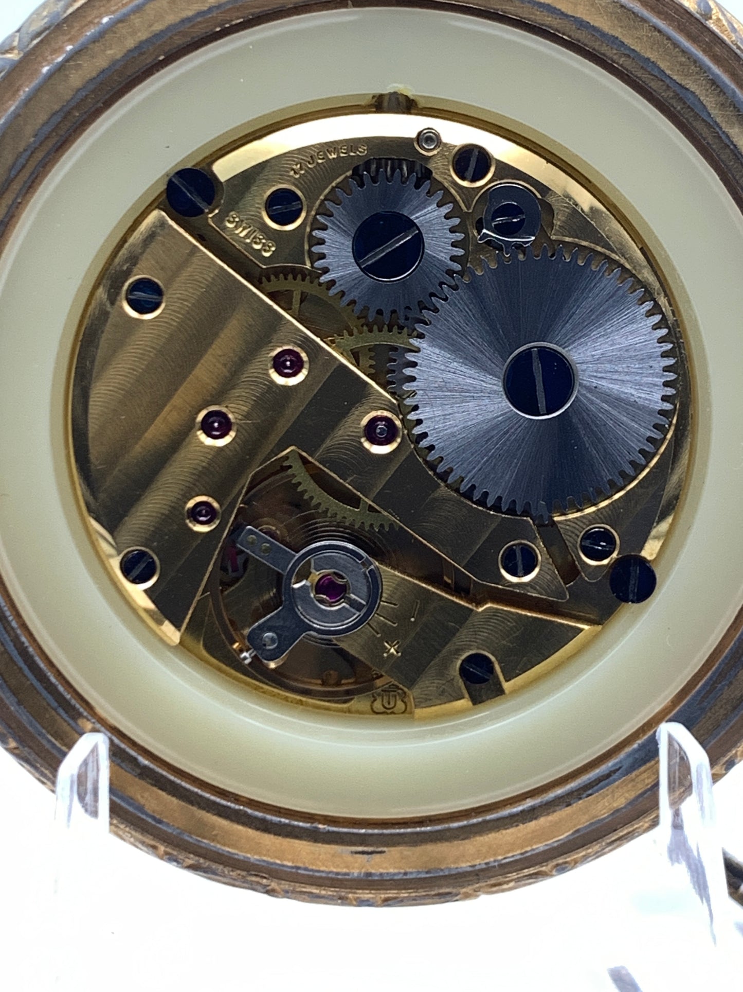 Pencron 44mm Swiss pocket watch. Unitas 6325 hand winding movement. Acrylic dome. Period correct chain and pocket knife.