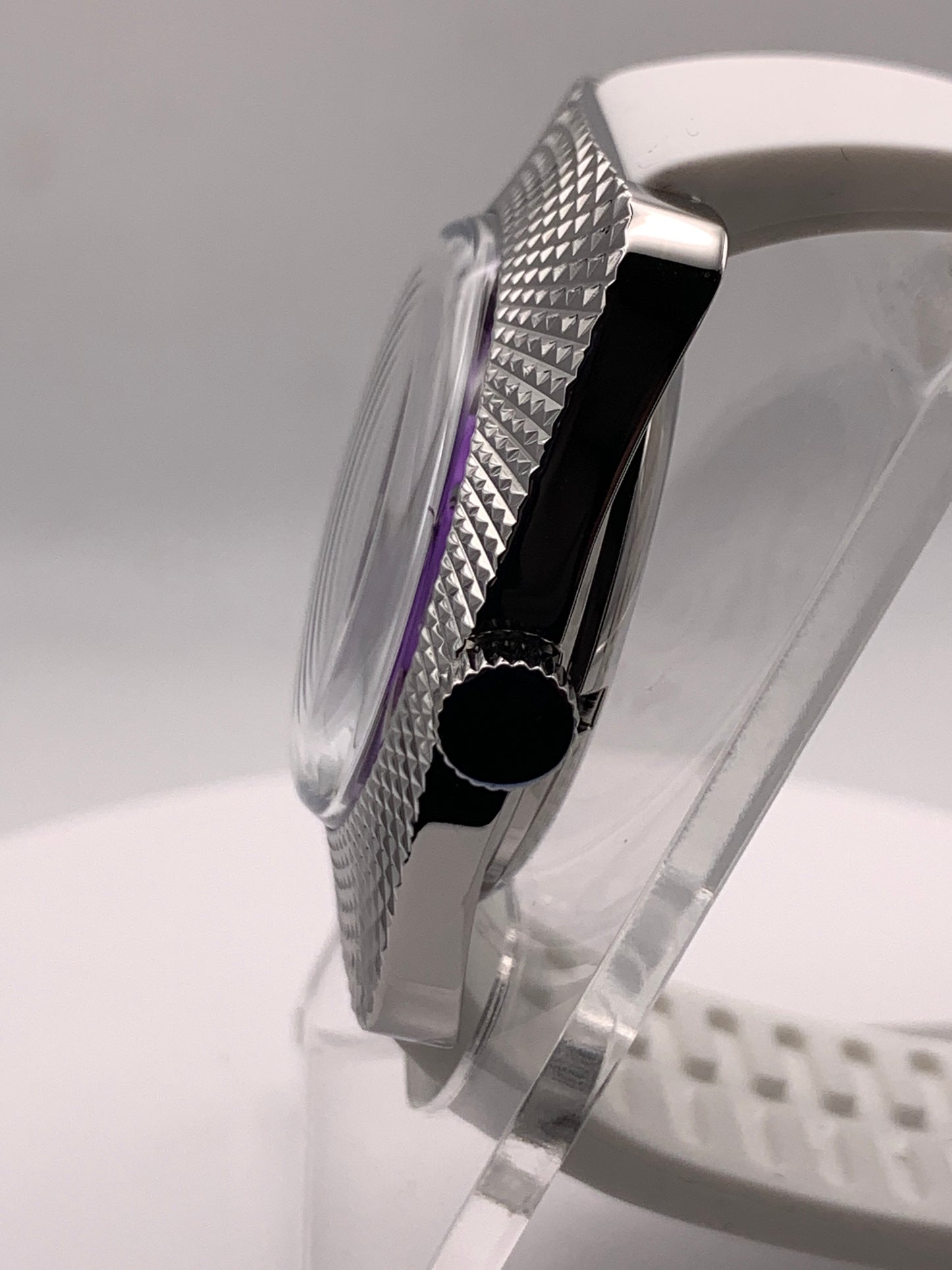 Purple Reign. 37mm faceted case. Acrylic dome crystal. Seiko NH35.