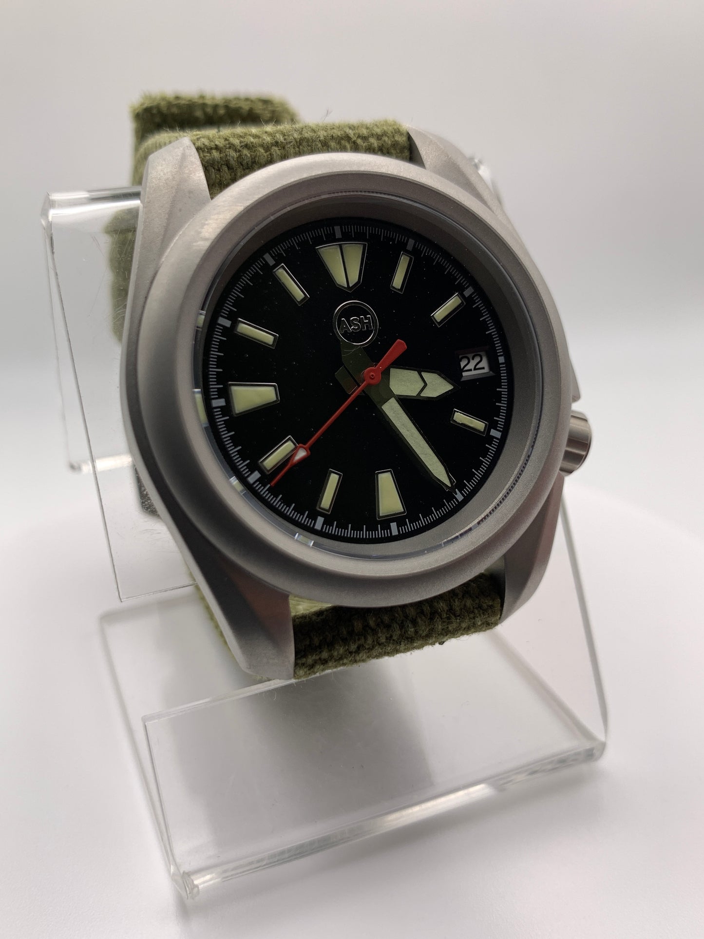 Outrider. 38mm bead blasted stainless steel. Crown at 3.8.  Sapphire crystal. Seiko NH35.
