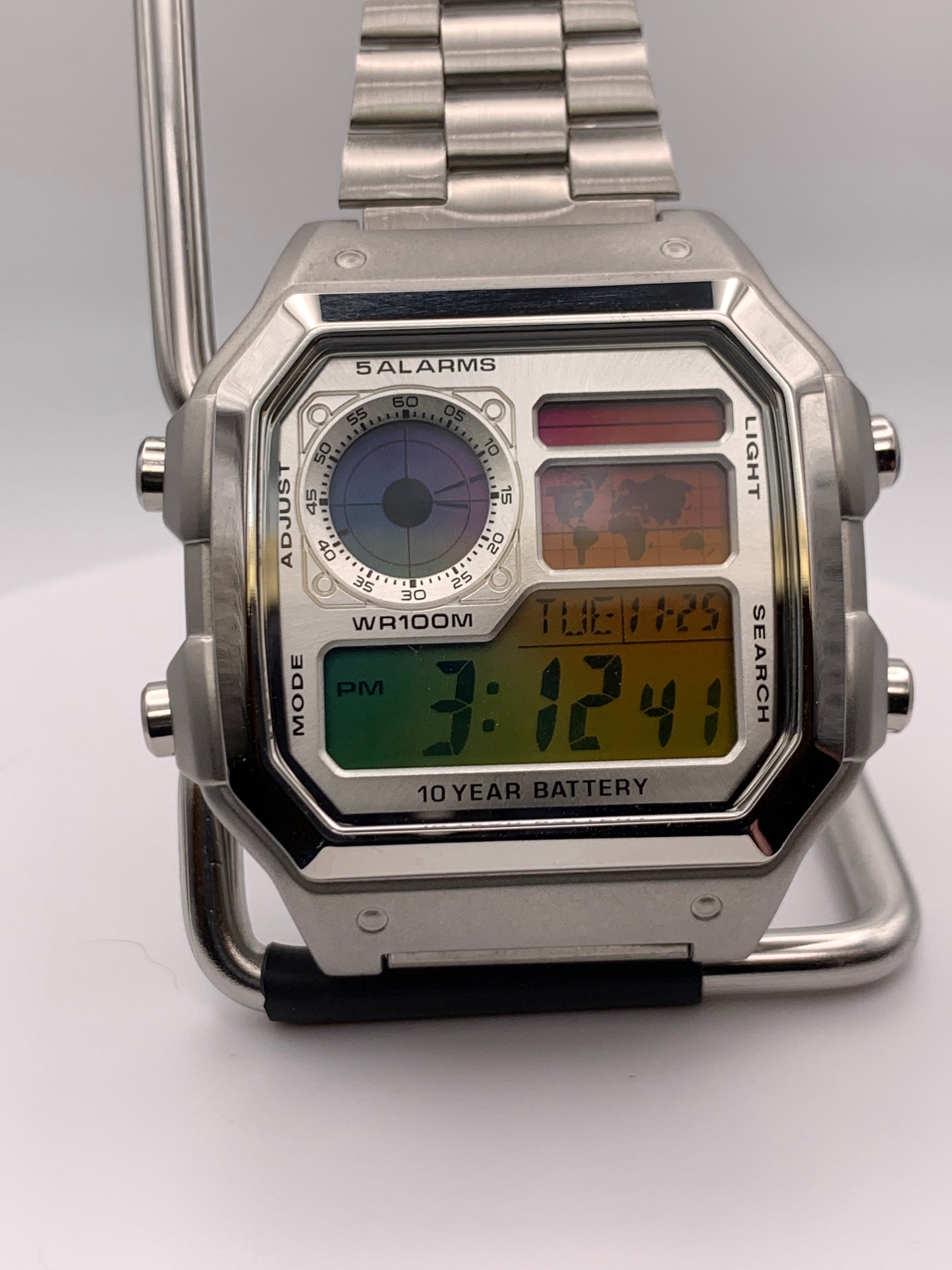 ‘Sold. Royale with Cheese. Casio AE1200. Rainbow filter. Metal case. Silver sunray faceplate. Vintage style bracelet. Flashing alarm upgrade.