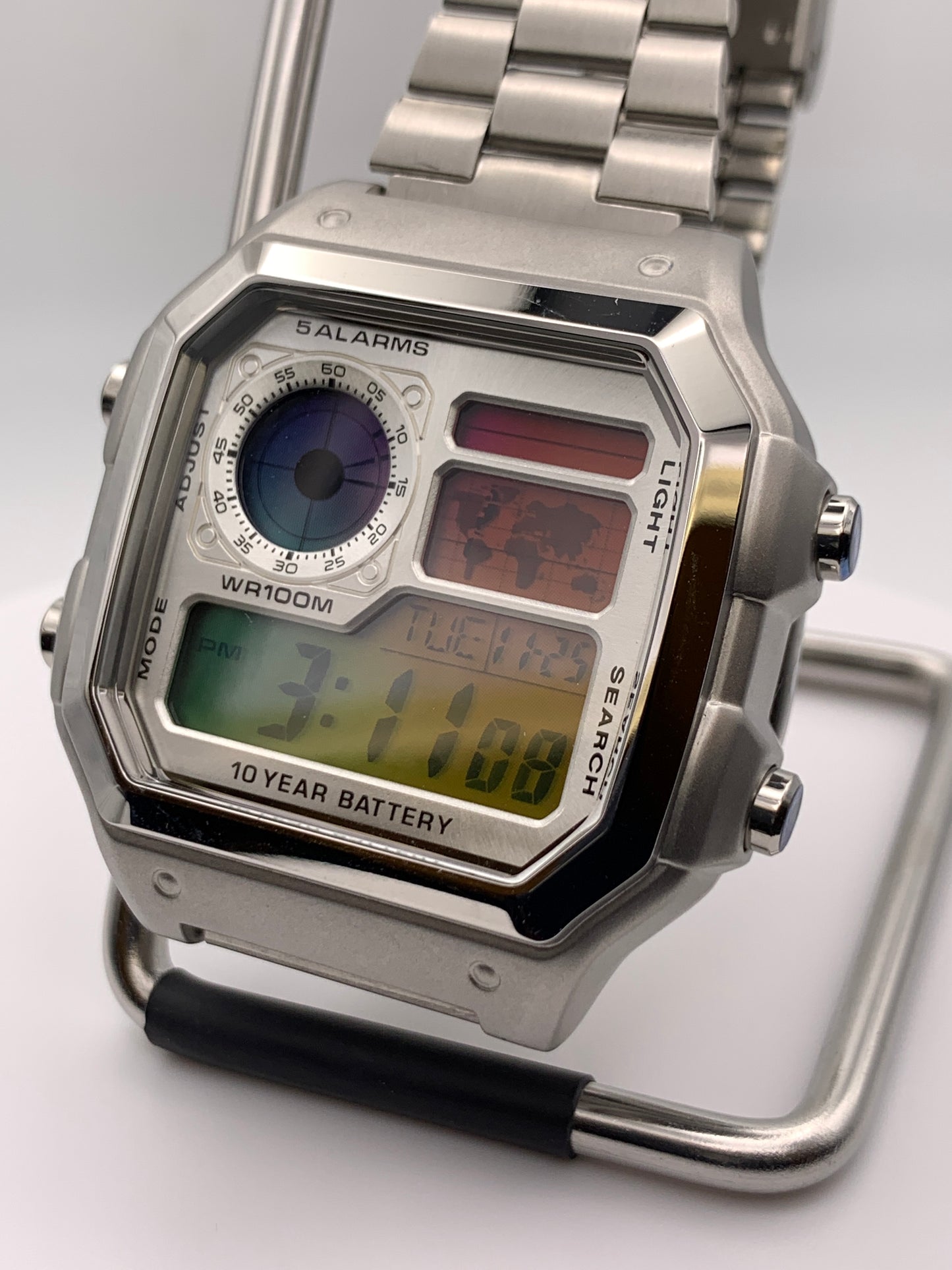 ‘Sold. Royale with Cheese. Casio AE1200. Rainbow filter. Metal case. Silver sunray faceplate. Vintage style bracelet. Flashing alarm upgrade.