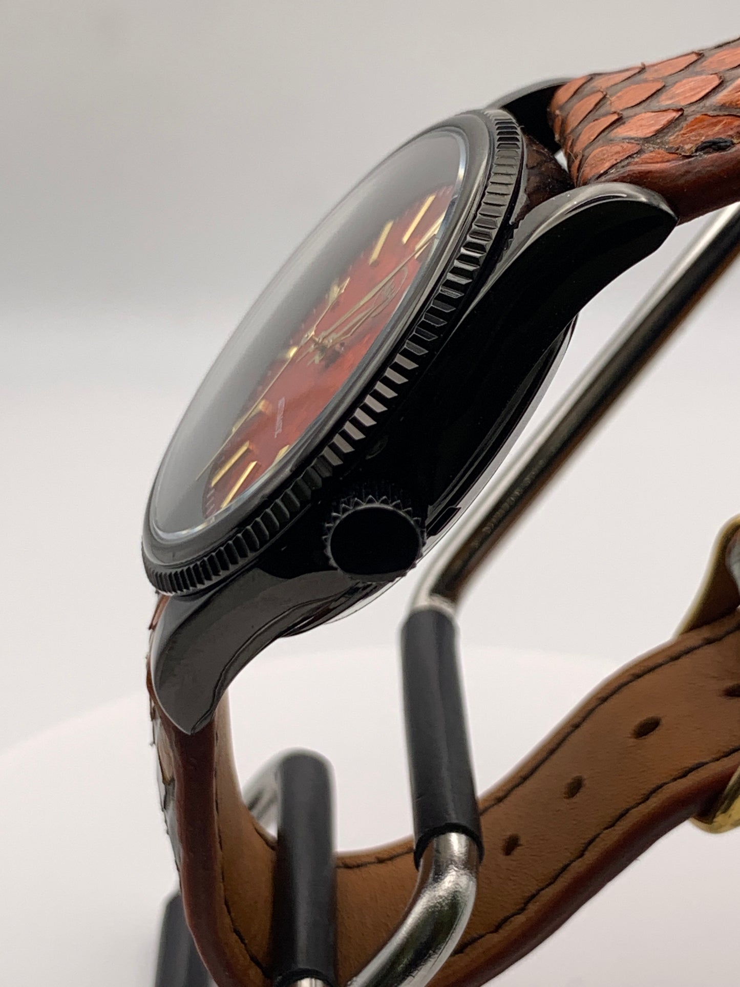 Ecthelion. Golden fire livery. 39mm fluted, PVD coated, stainless steel case. Sapphire crystal. Seiko NH38. Dragon scale strap. Mystical powers.