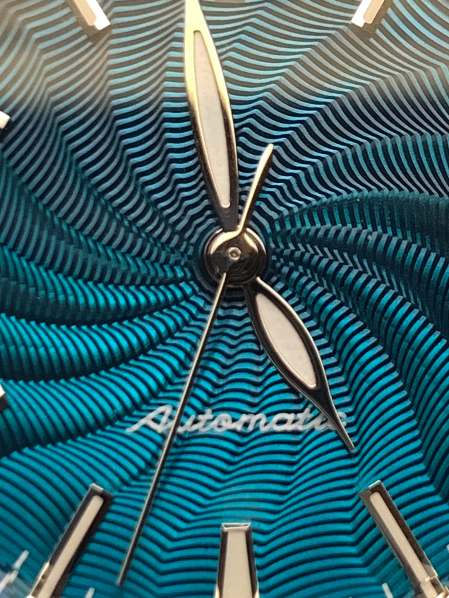 The Teal. Highly figured dress watch. 33mm stainless steel case. Faceted and domed acrylic crystal. NH35.