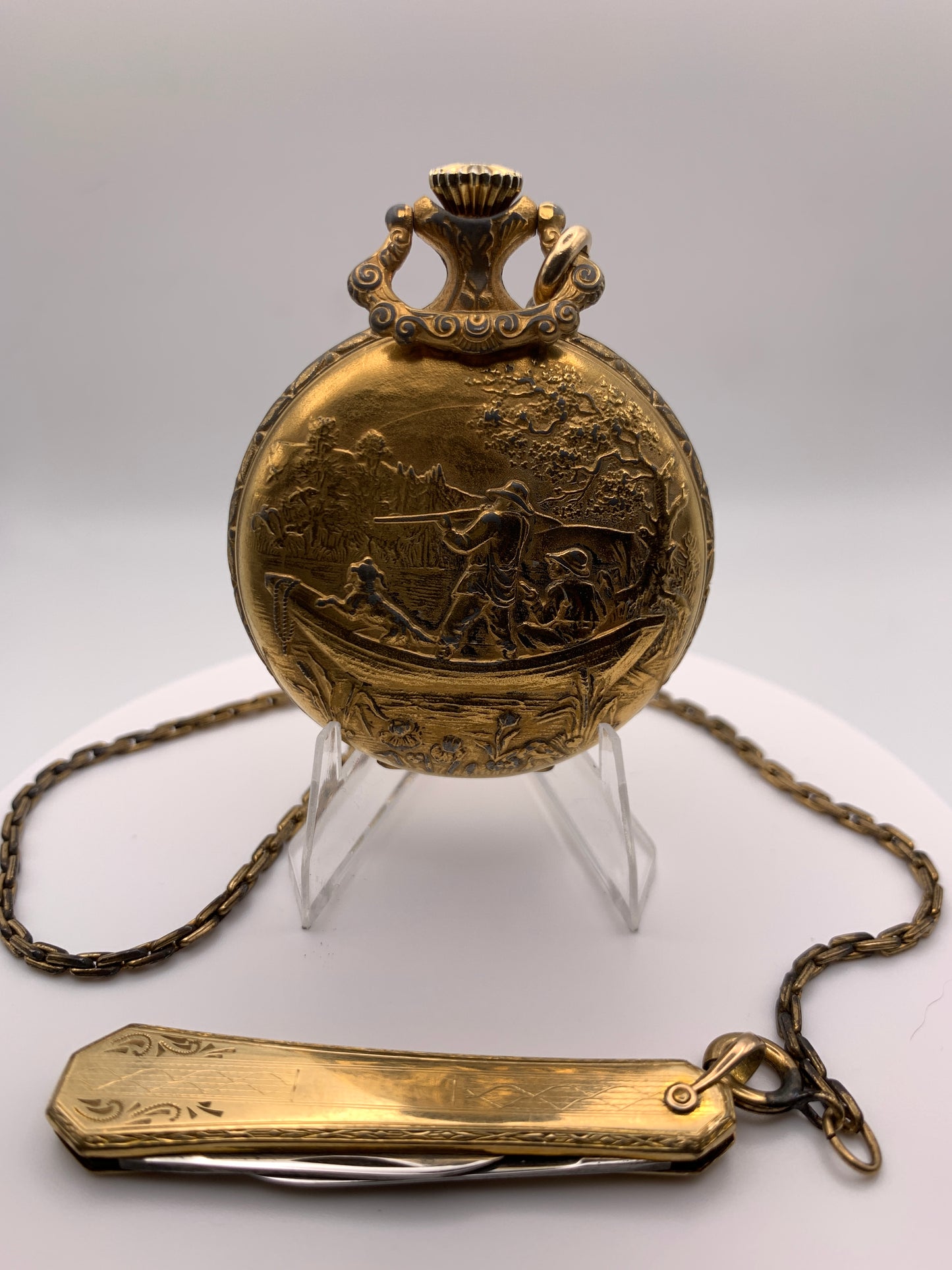 Pencron 44mm Swiss pocket watch. Unitas 6325 hand winding movement. Acrylic dome. Period correct chain and pocket knife.