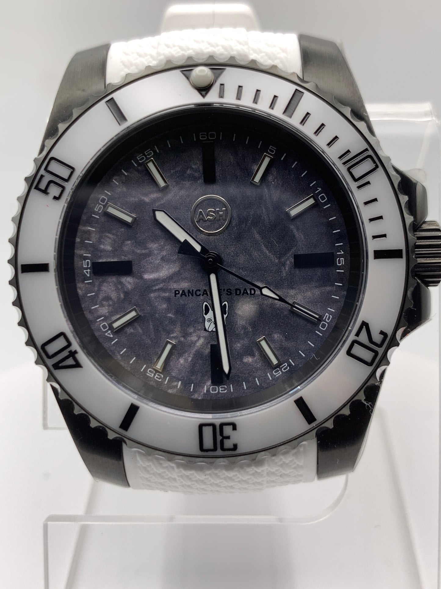 Pancake’s Dad’s Watch. 40mm PVD coated stainless steel. Sapphire crystal. Custom dial. Seiko NH38.