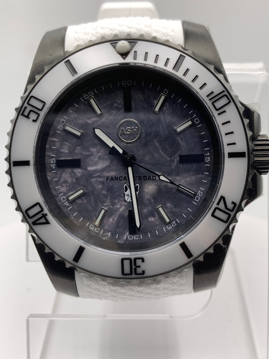 Pancake’s Dad’s Watch. 40mm PVD coated stainless steel. Sapphire crystal. Custom dial. Seiko NH38.