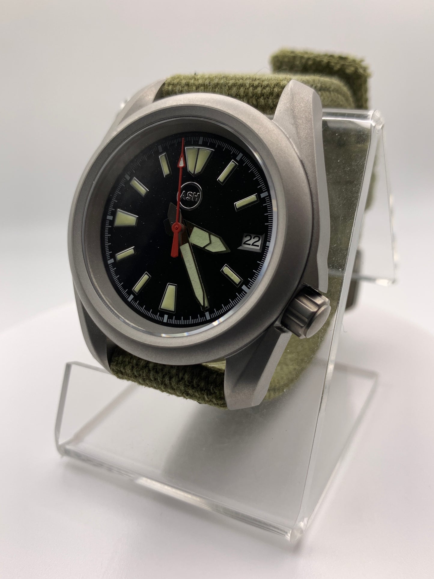 Outrider. 38mm bead blasted stainless steel. Crown at 3.8.  Sapphire crystal. Seiko NH35.