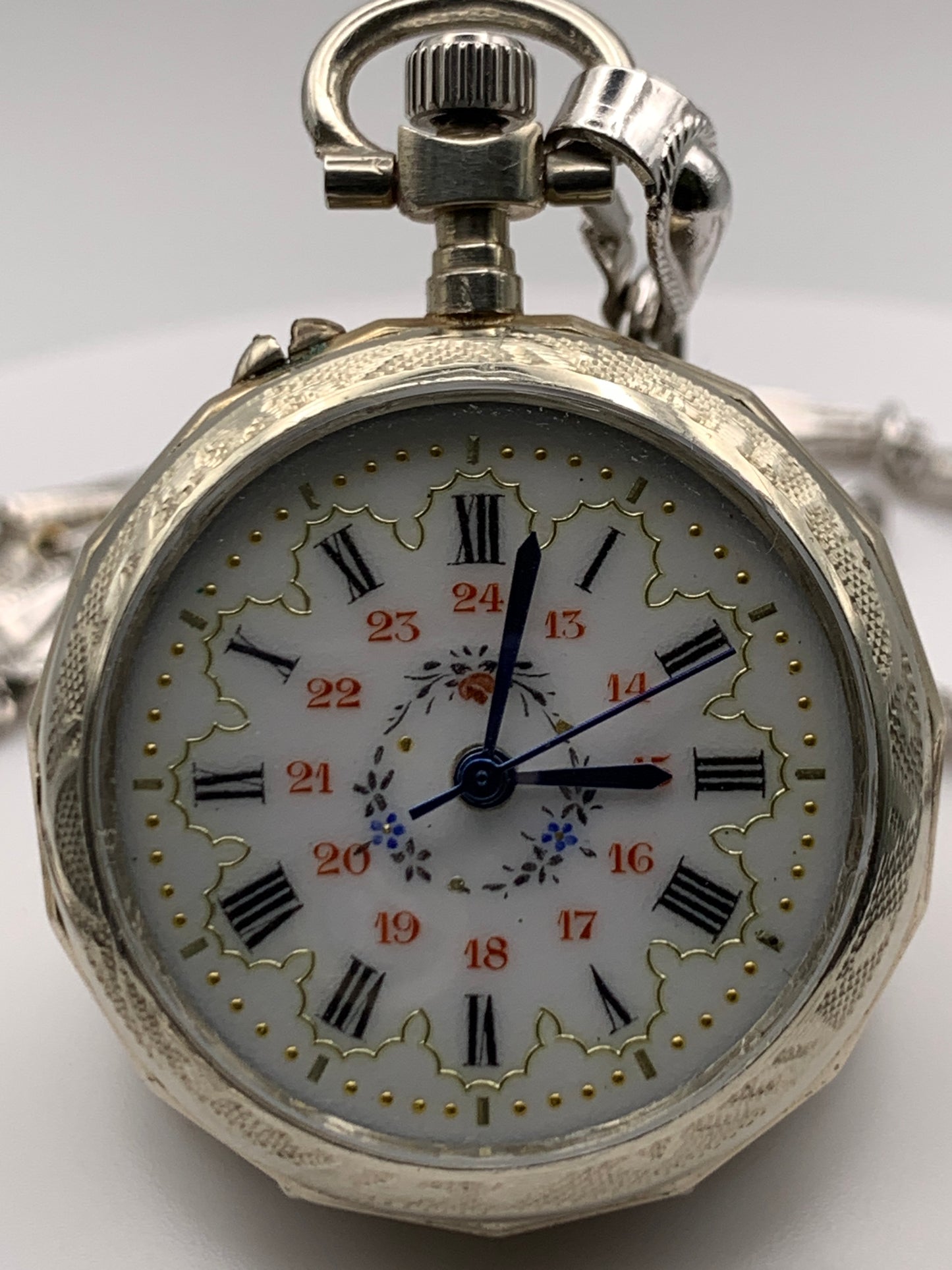 ‘Sold - Amuse-bouche. 30mm pocket / necklace watch. NOS Argentan alloy case and hand painted enamel dial. Sapphire crystal. Miyota 2036. 24” sterling necklace.
