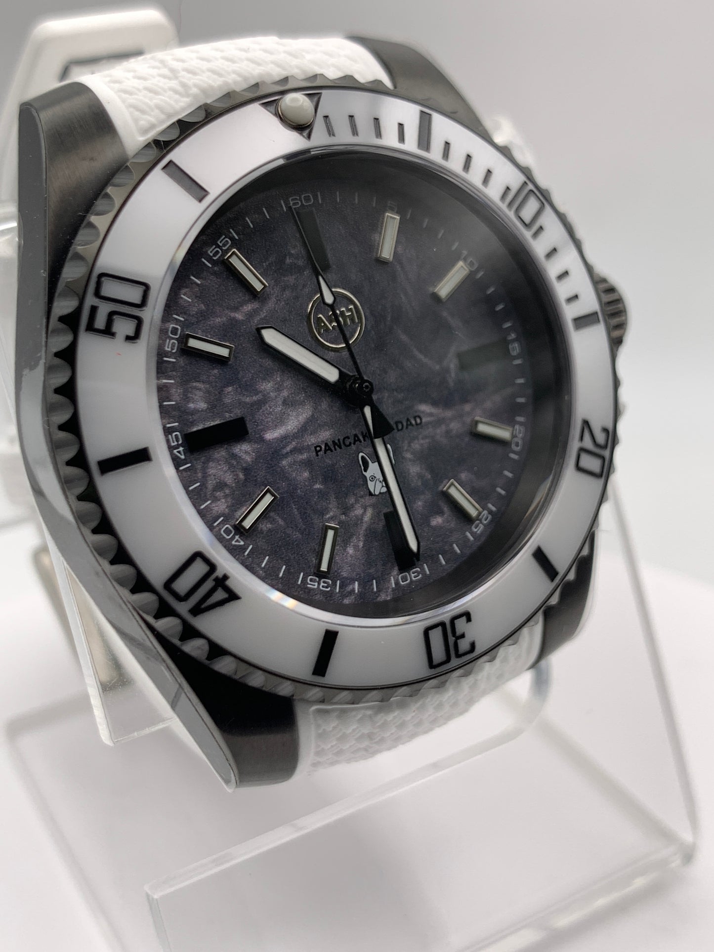 Pancake’s Dad’s Watch. 40mm PVD coated stainless steel. Sapphire crystal. Custom dial. Seiko NH38.