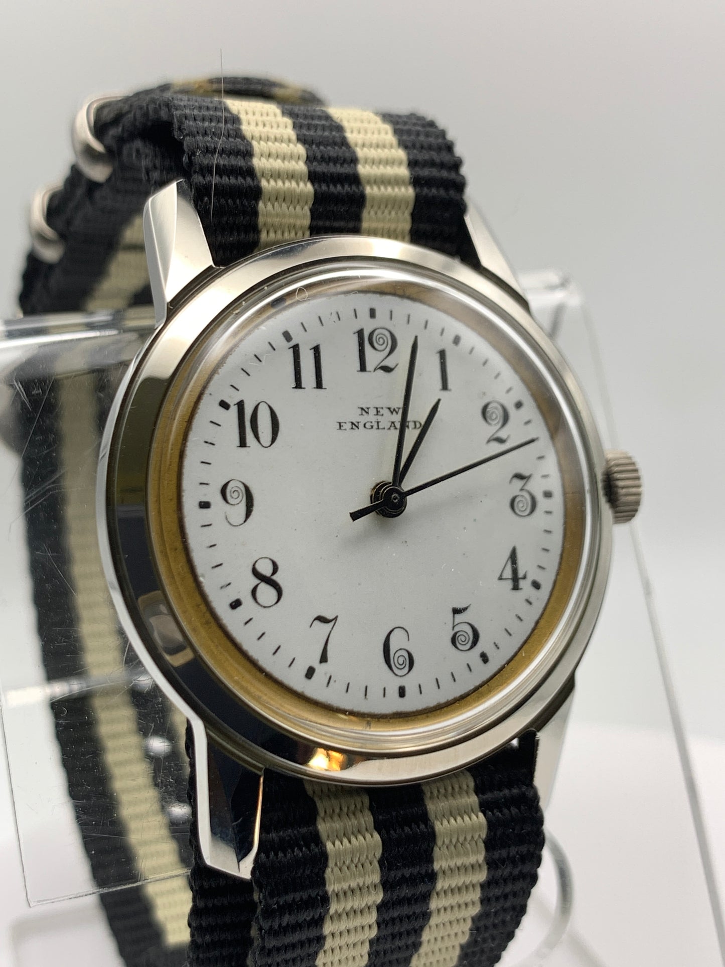 Bishop. Marriage watch. 33mm NOS stainless steel vintage case. Vintage enamel  ‘New England’ dial. Miyota 2036 quartz movement.