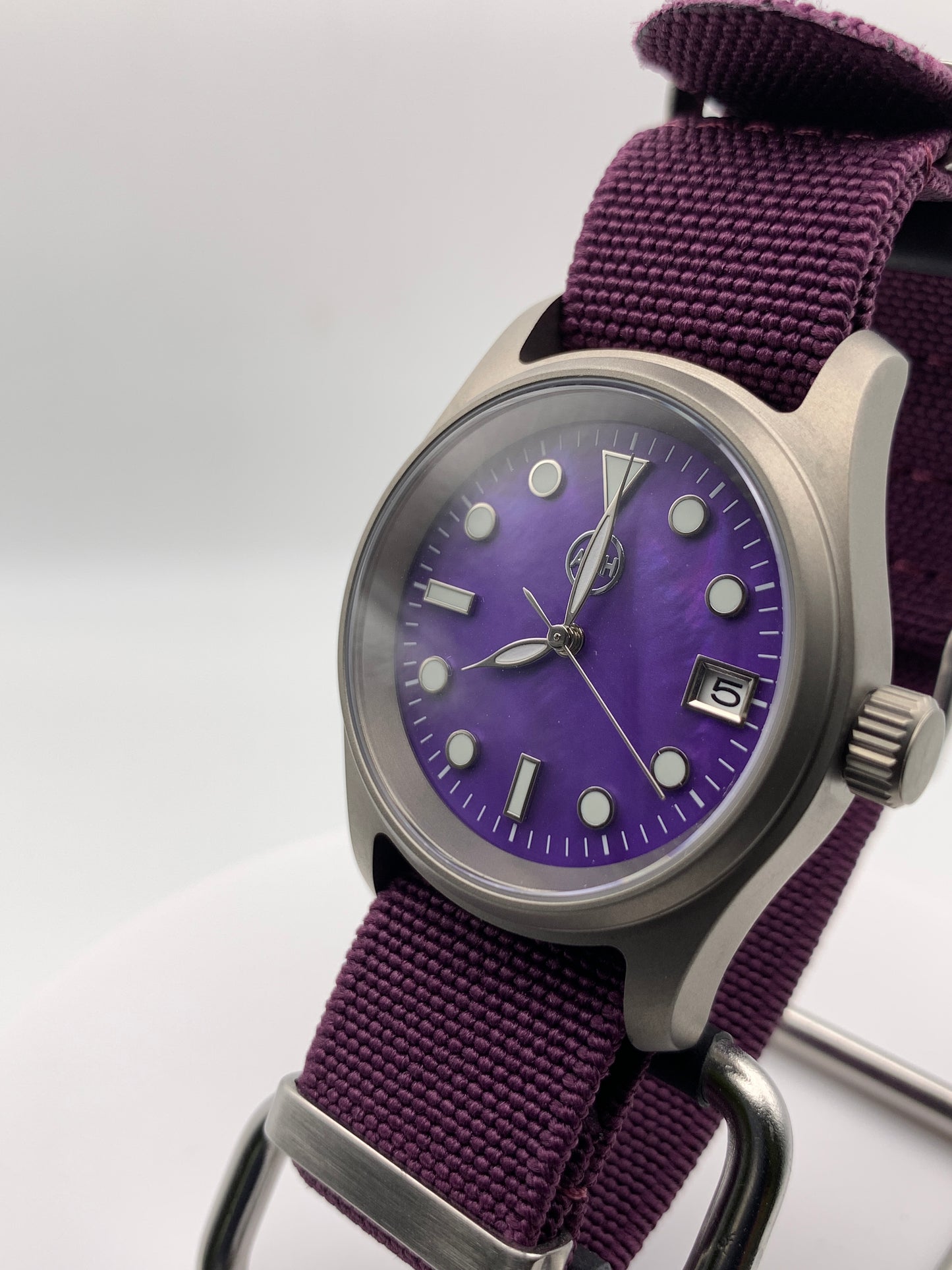 Larkspur 1.1 - 36mm Titanium field watch. Purple MOP dial. Seiko NH35.