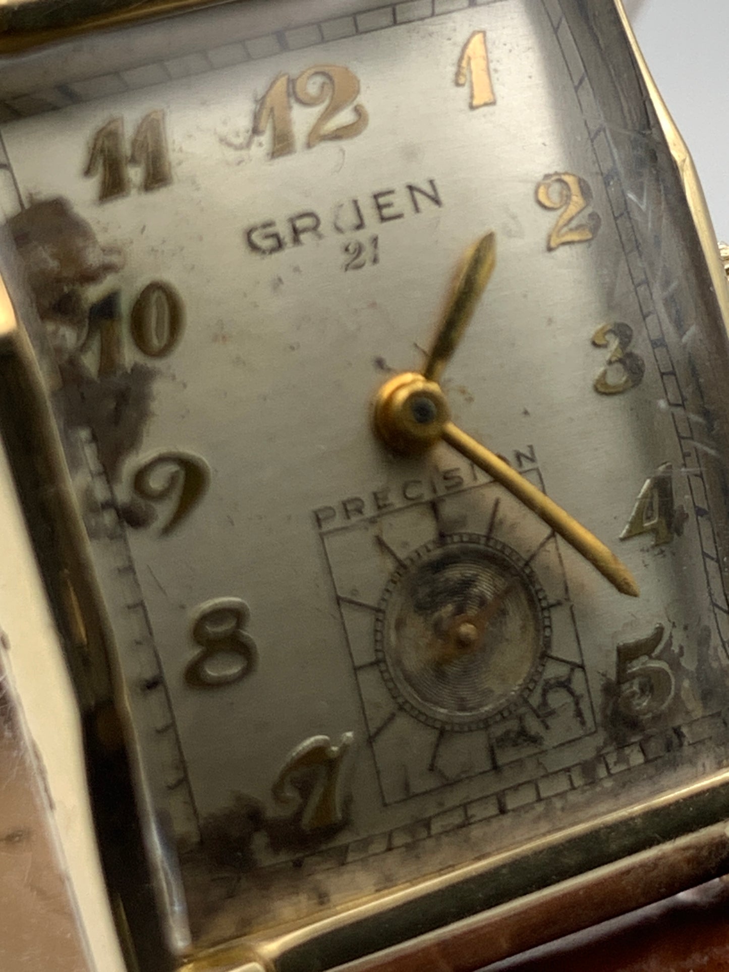 Gruen Precision 335, circa 1950, wrist watch repair. New balance staff and mainspring. 20mm wide. 34mm lug to lug.