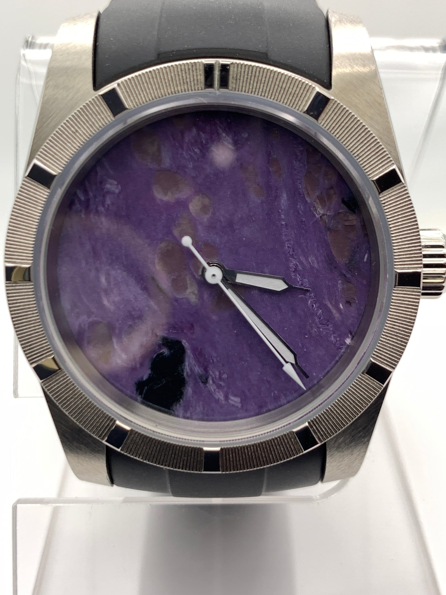 Purple natural stone dial. 39mm engine turned case.