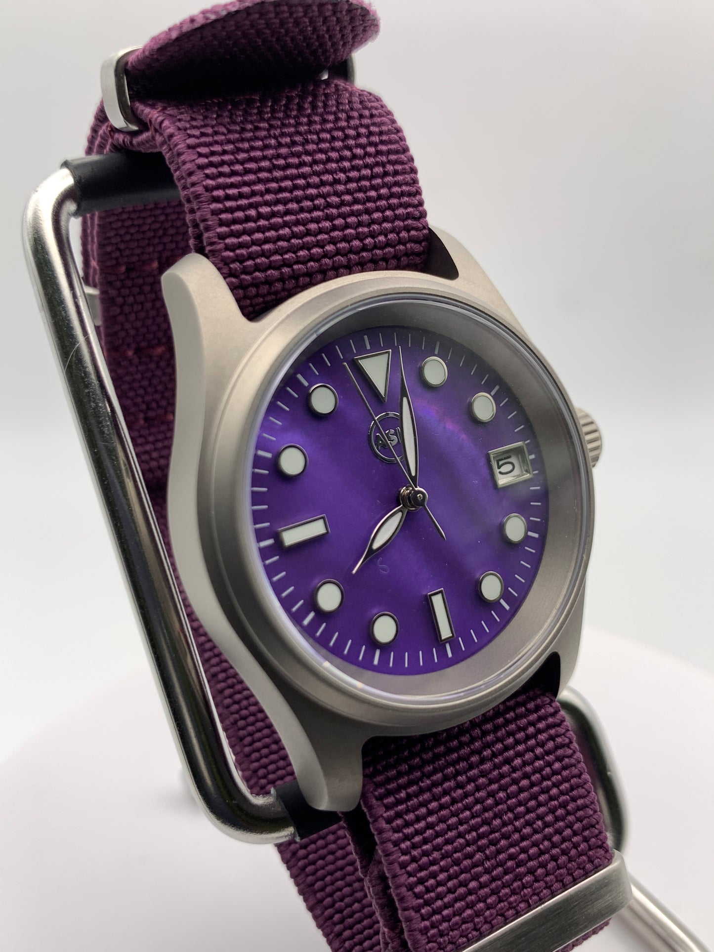 Larkspur 1.1 - 36mm Titanium field watch. Purple MOP dial. Seiko NH35.